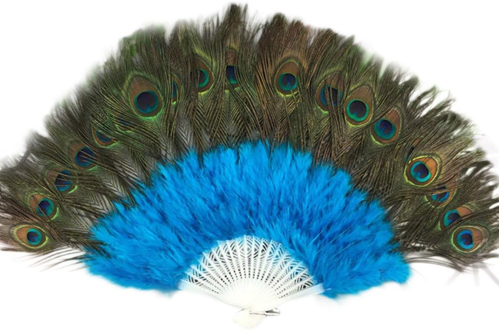Lazzboy Peacock Feather Hand Folding Fans Showgirl Fancy Dance Elegant Plastic Costume Party Wedding Opera Decorations(Sky Blue,37cm)
