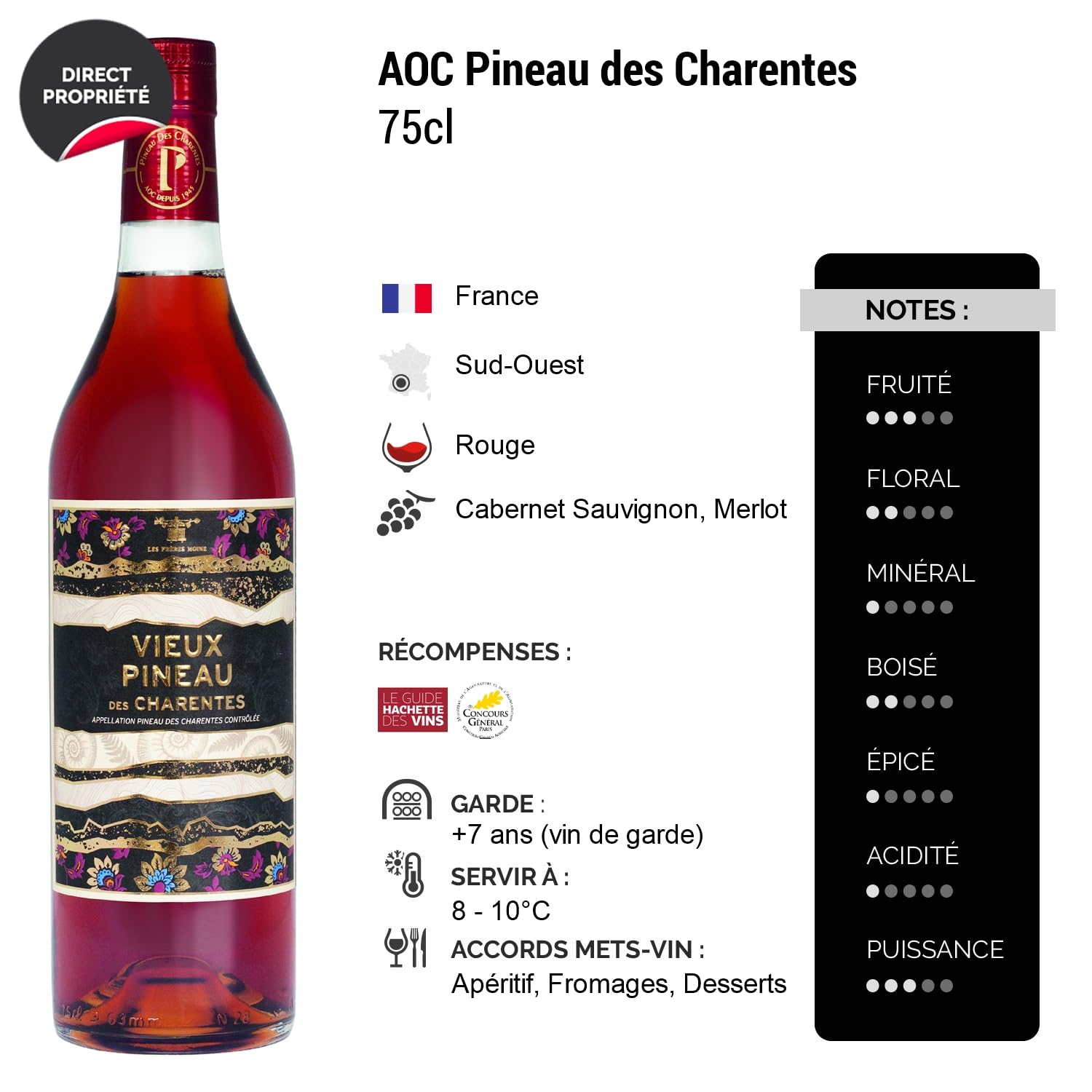 Pineau des Charentes Vieux Pineau des Charentes Rouge - Les Frères Moine - Vin AOC Rouge du Sud-Ouest - Lot de 3x75cl - Cépages Cabernet Sauvignon, Merlot