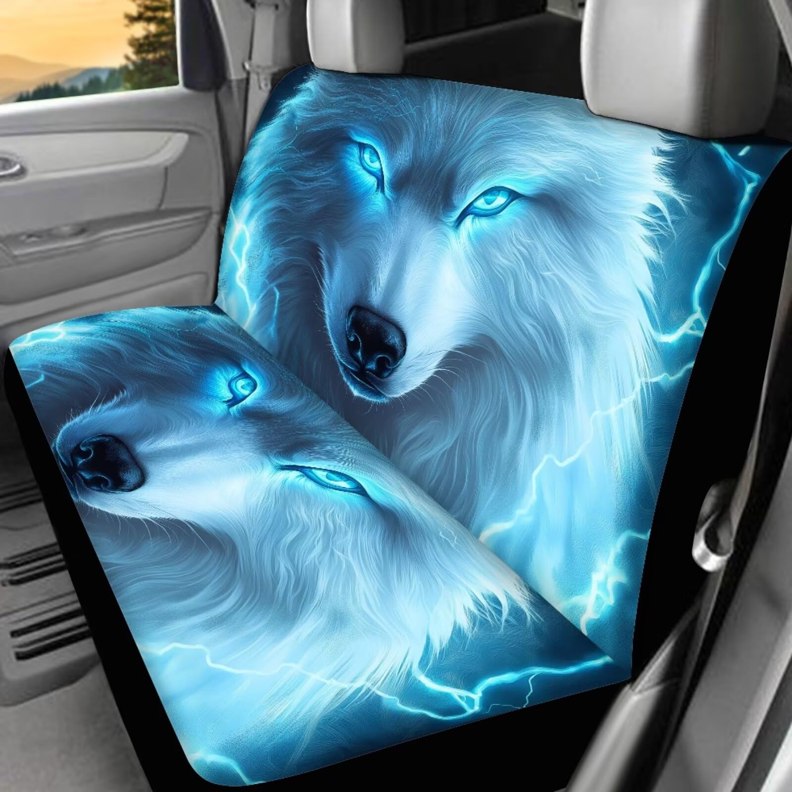 Lot de 4 housses de siège de voiture avant et arrière avec imprimé loup bleu fluo - Accessoires d'intérieur de voiture pour femme