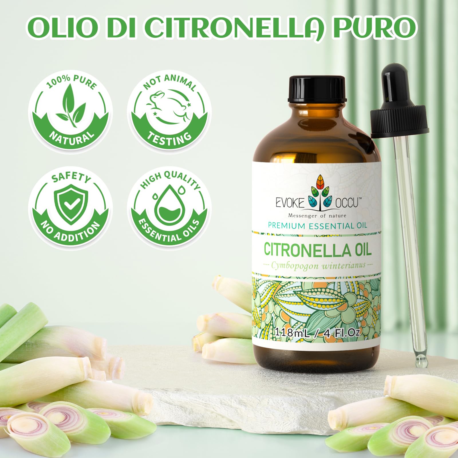 EVOKE OCCU Olio Essenziale di Citronella 118ml, Puro per Diffusore, Spray, Massaggio, Aromaterapia, Pelle, Capelli