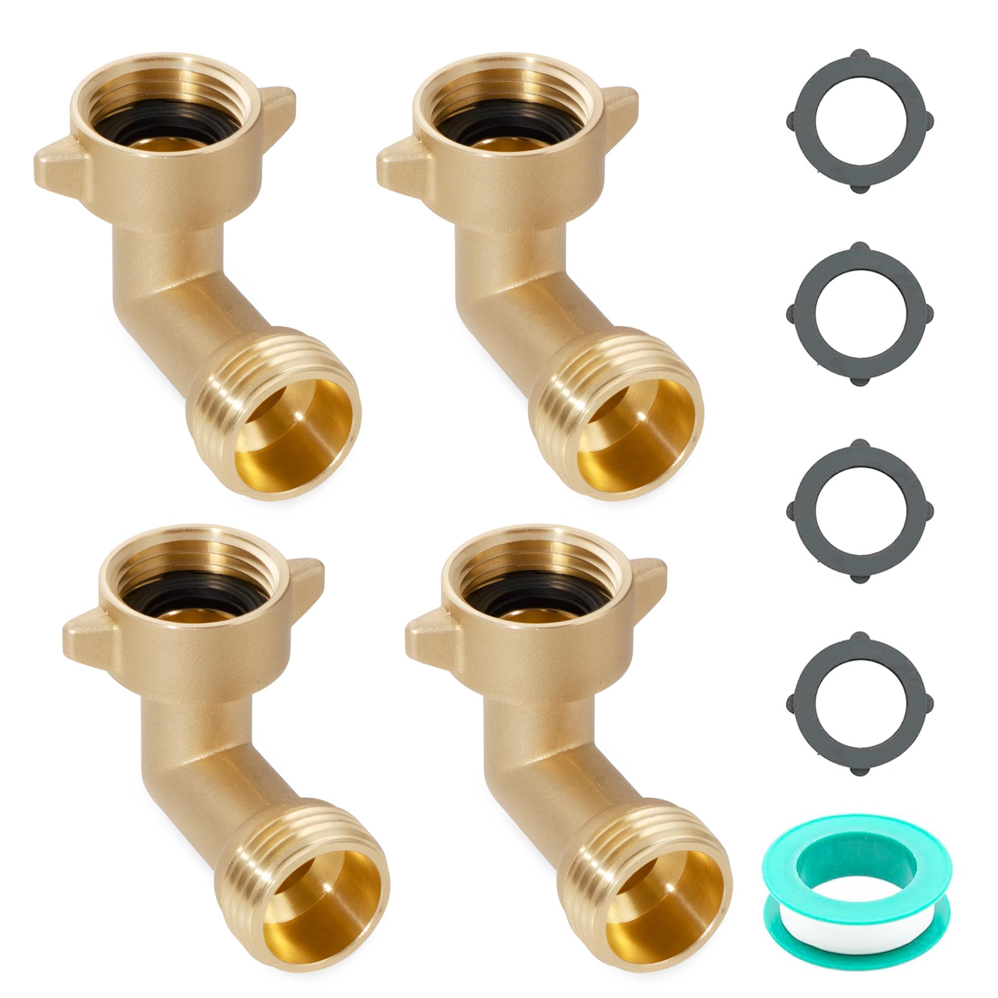 VANCOCO 90 Degree Garden Hose Elbow 4-Pack - 3/4" Heavy Duty Hose Bib Extender Solid Brass with Leak-Proof Washers for RV/Car Wash