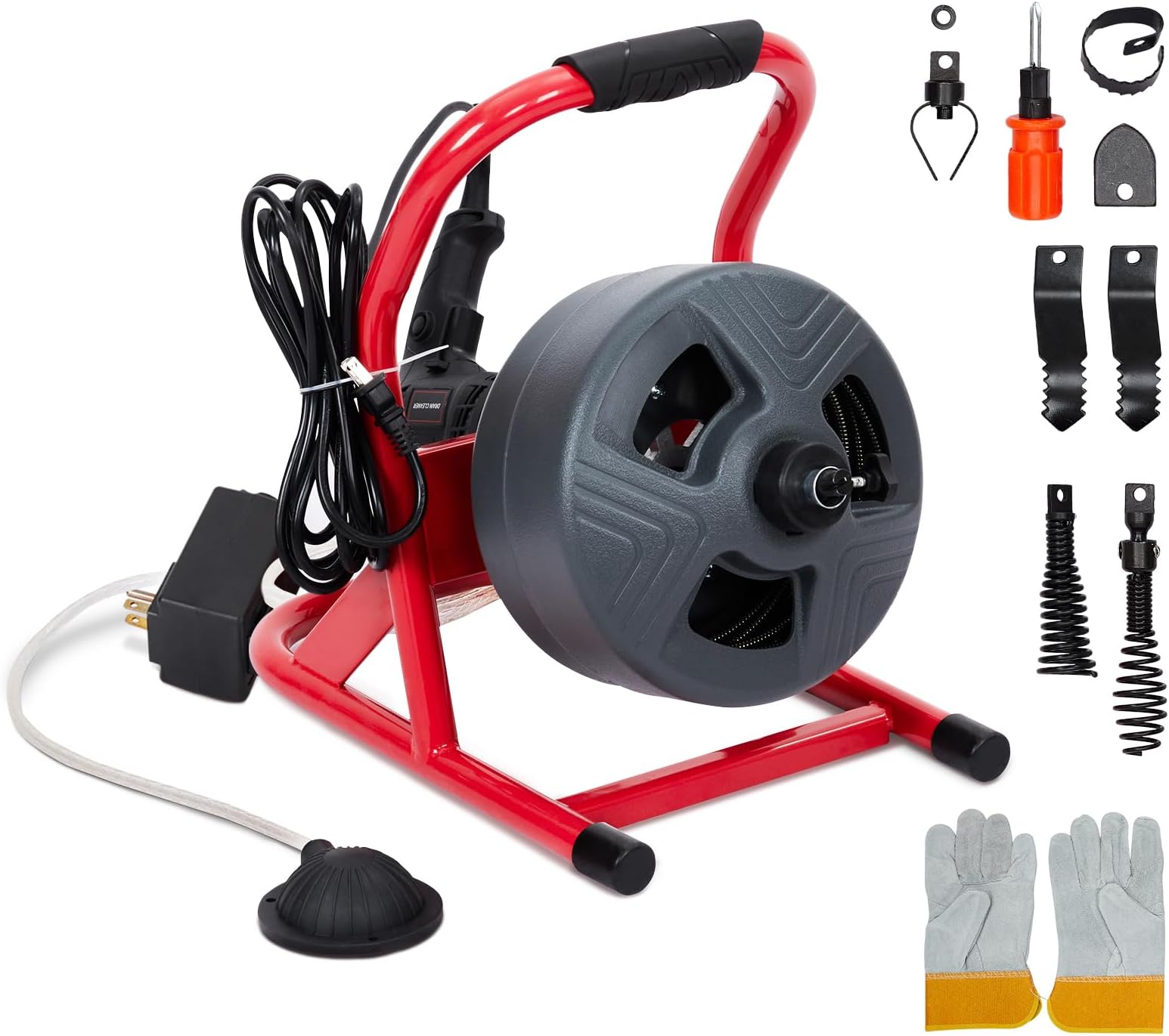 50Ft x 5/16 Inch Drain Cleaner Machine, Electric Drain Auger Professional for 3/4 to 3 Inch Pipes, Foot Switch with 6 Cutters, Glove, Drain Auger Cleaner Sewer Snake - DA04