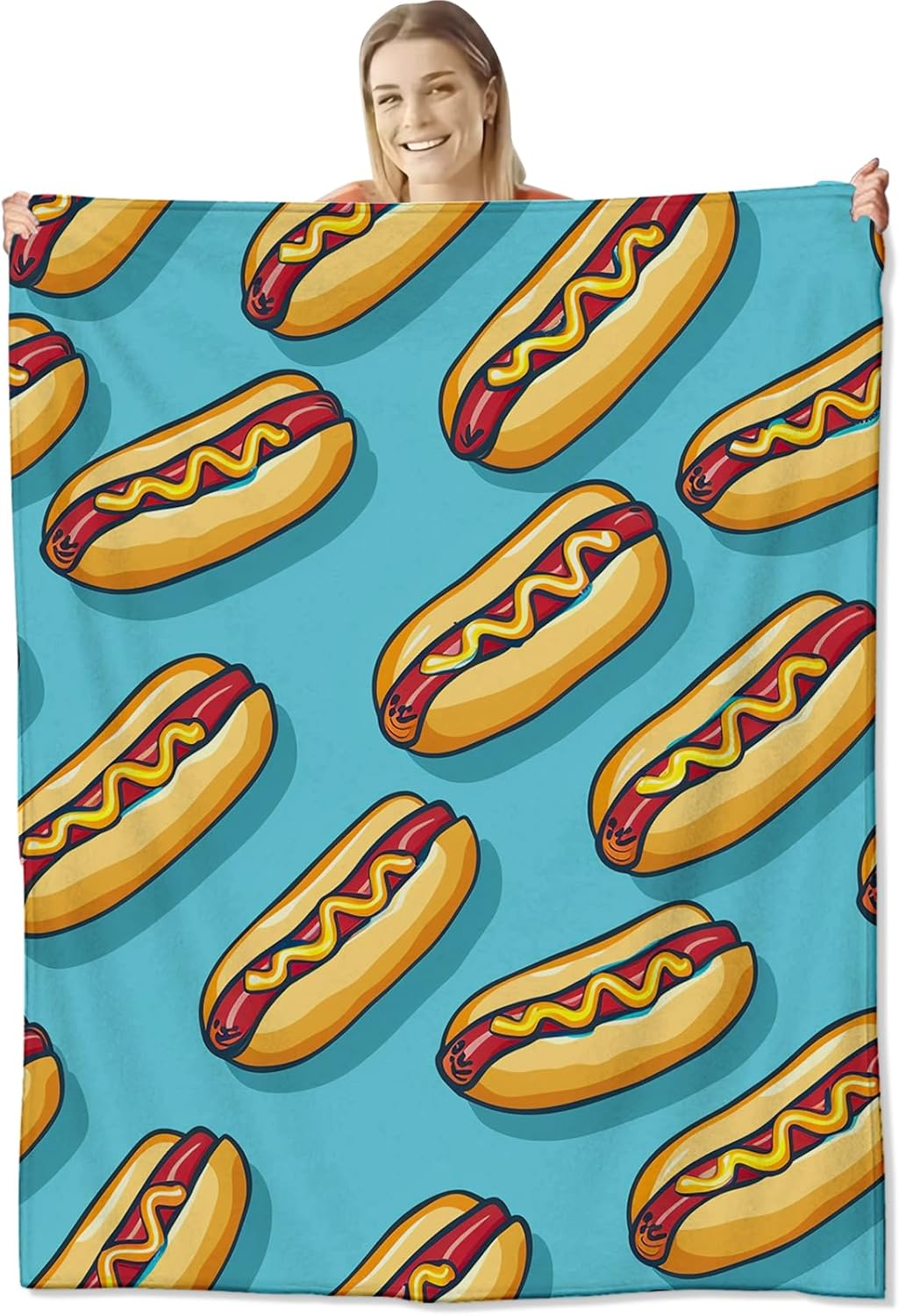 Hot Dog Blanket for Girls Boys Kids, Flannel Fun Cartoon Blankets Gifts, Food Pattern and Blue Background Throws for Sofa Couch Bed Living Room, Soft Warm Cozy Decor 80" x 60"