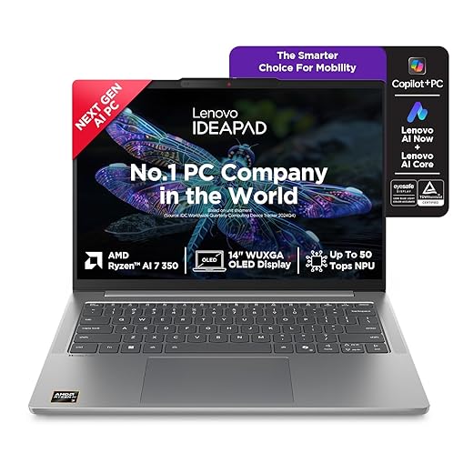Lenovo IdeaPad Slim 5 AMD Ryzen AI 7 350 (24GB RAM/1TB SSD/14 (35.5cm)/WUXGA OLED/Lenovo AI Now/Copilot+ PC/Windows 11/MSO 365 Basic+Office 2024/1Yr ADP Free/Grey/1.4Kg), 83HX009DIN AI Laptop
