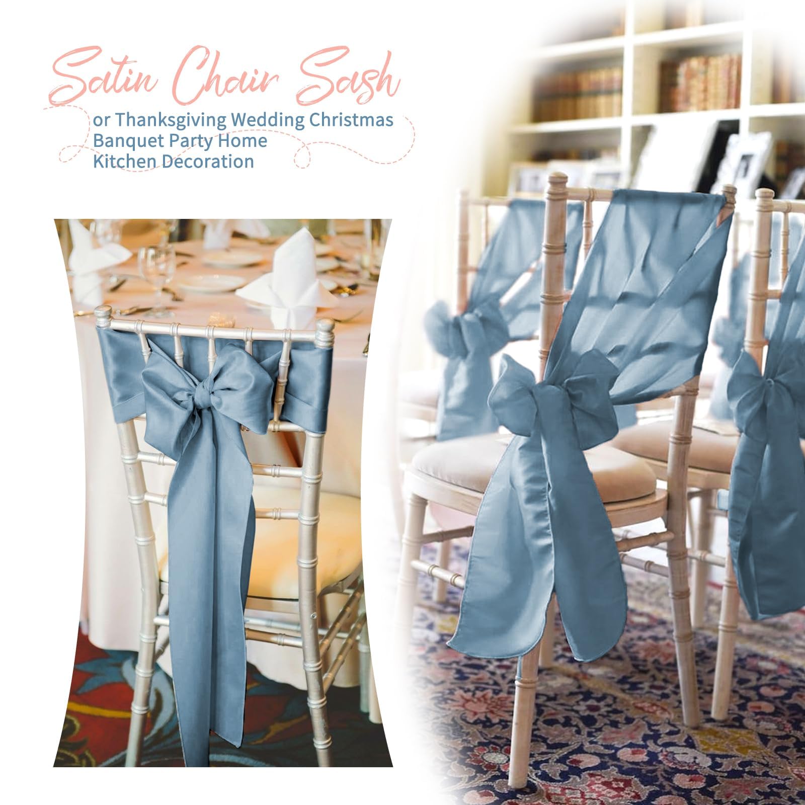 Stuhlschärpen aus Satin, Staubblau, Schleifen, dekorativ, Stuhlhussen, Schärpen für Thanksgiving, Hochzeit, Weihnachten, Bankett, Party, Zuhause, Küche, Dekoration (17,8 x 274,3 cm), 60 Stück