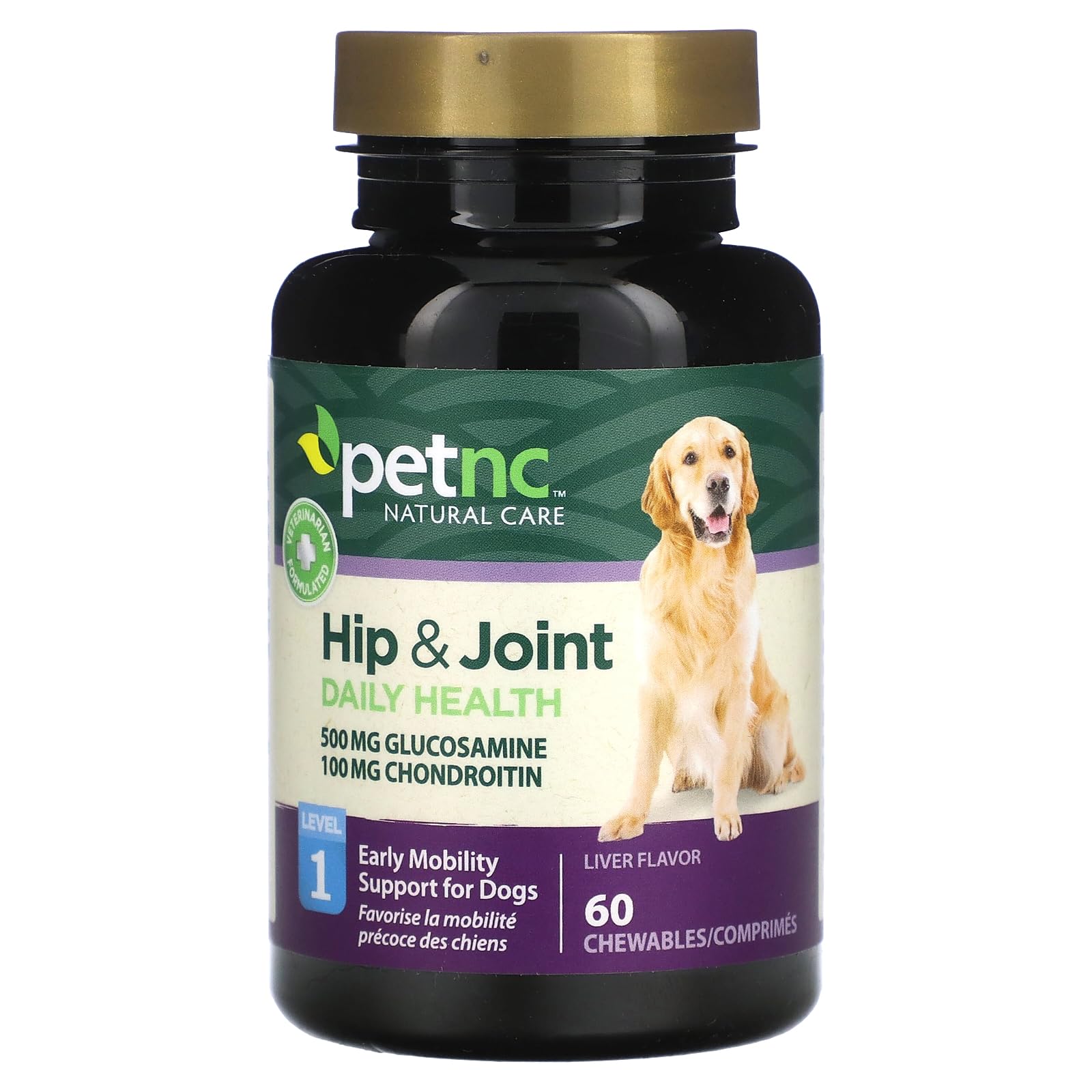 Petnc Level-1 Hip & Joint Health Supplement for Young Dogs (60 Count), 500mg Glucosamine, 100mg Chondroitin, 10mg MSM, & 1mg Hyaluronic Acid, Includes Vitamin C & Manganese, Liver Flavor