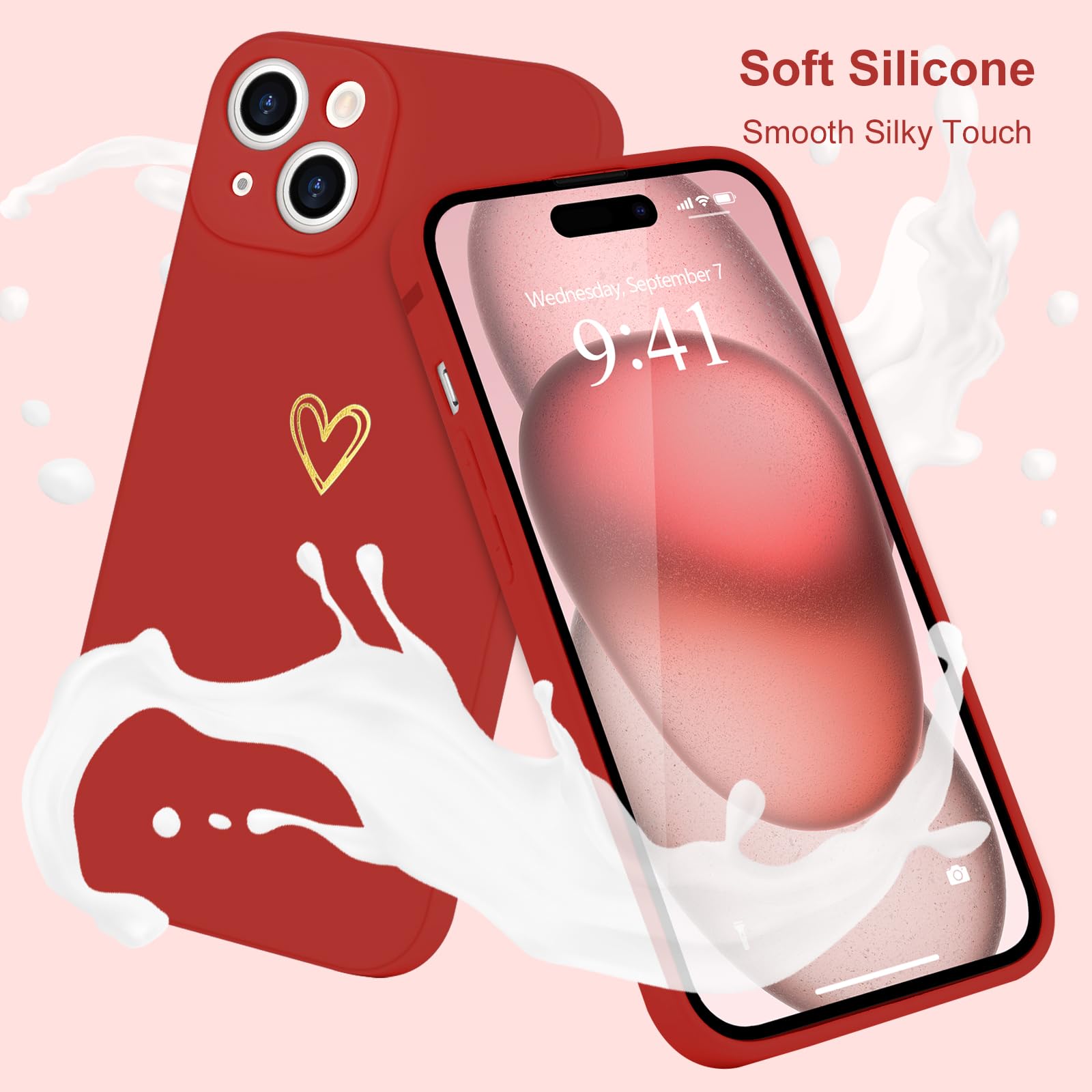 Wirvyuer for iPhone 15 Plus Case Cute Heart Pattern Soft Shockproof Protective Silicone Phone Case for Women Girls Bright Red - Image 2