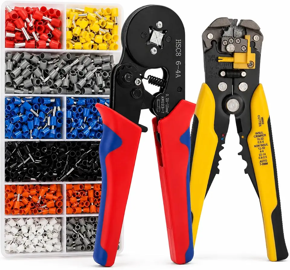 Kit Alicate Crimpador Terminal Tubular + Descascador e Decapador de Fios 3 em 1 com Maleta Organizadora e 1200 Terminais Ilhós – Ferramenta Profissional para Instalação e Reparo Elétrico