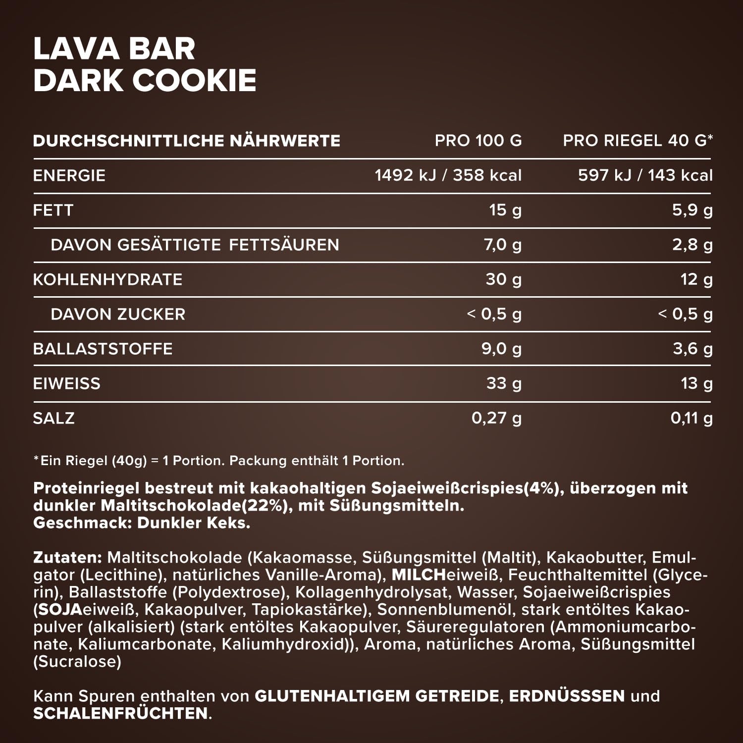IronMaxx Lava Protein Bar - Dark Cookie - 18x40g | Barrita alta en proteínas con núcleo cremoso y cobertura de cacahuete y caramelo | Baja en azúcar y sin aceite de palma