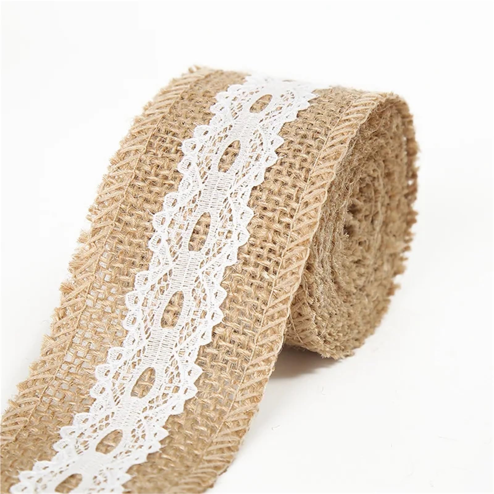 Hessian Roll 1-10Meters Natural Jute Burlap Ribbon with White Lace Trim Handcraft Linen for DIY Wedding Home Decor Packaging(N0.34 Width 5cm,1Meter)