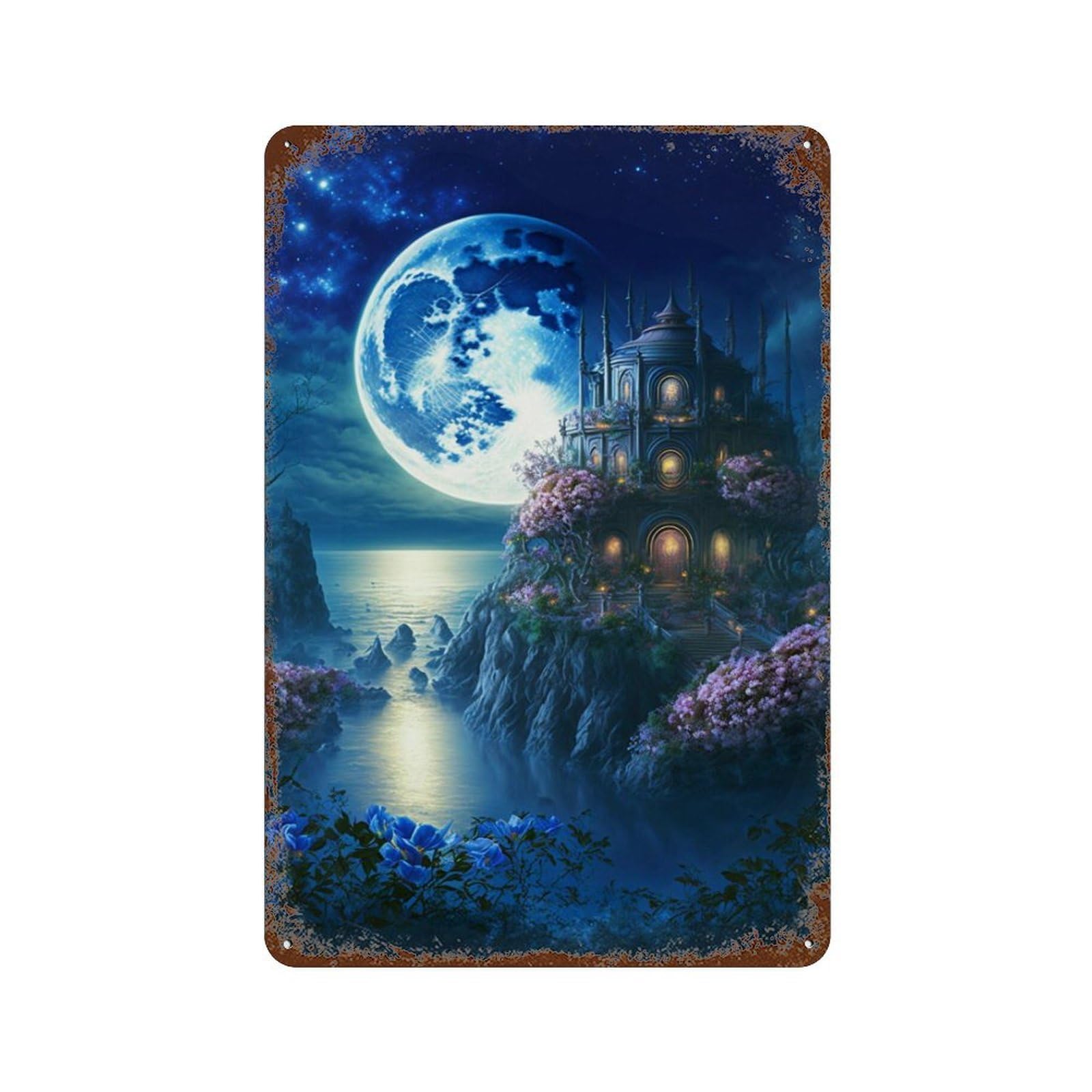 Rust Effect Fantasy Castle Night Scene Distressed Metal Wall Sign 11.8"x7.9", Shabby Chic Decor for Pub, Kitchen And Man Cave Decor