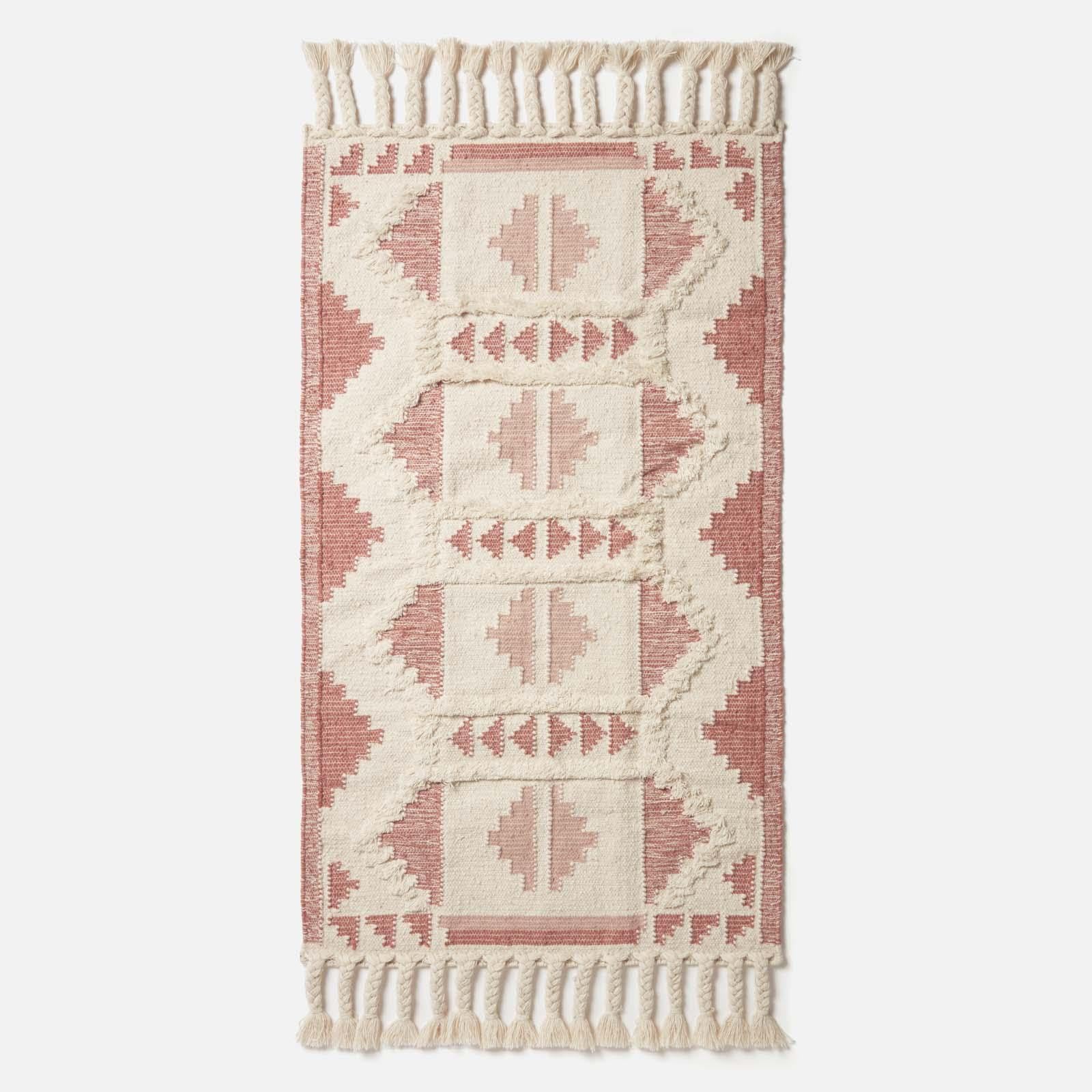 HOMESCAPES Tappeto Kilim intrecciato a mano rosa e naturale, 90 x 150 cm, in lana e cotone, tappeto per soggiorno "Satara" con motivo geometrico tradizionale trapuntato e nappe