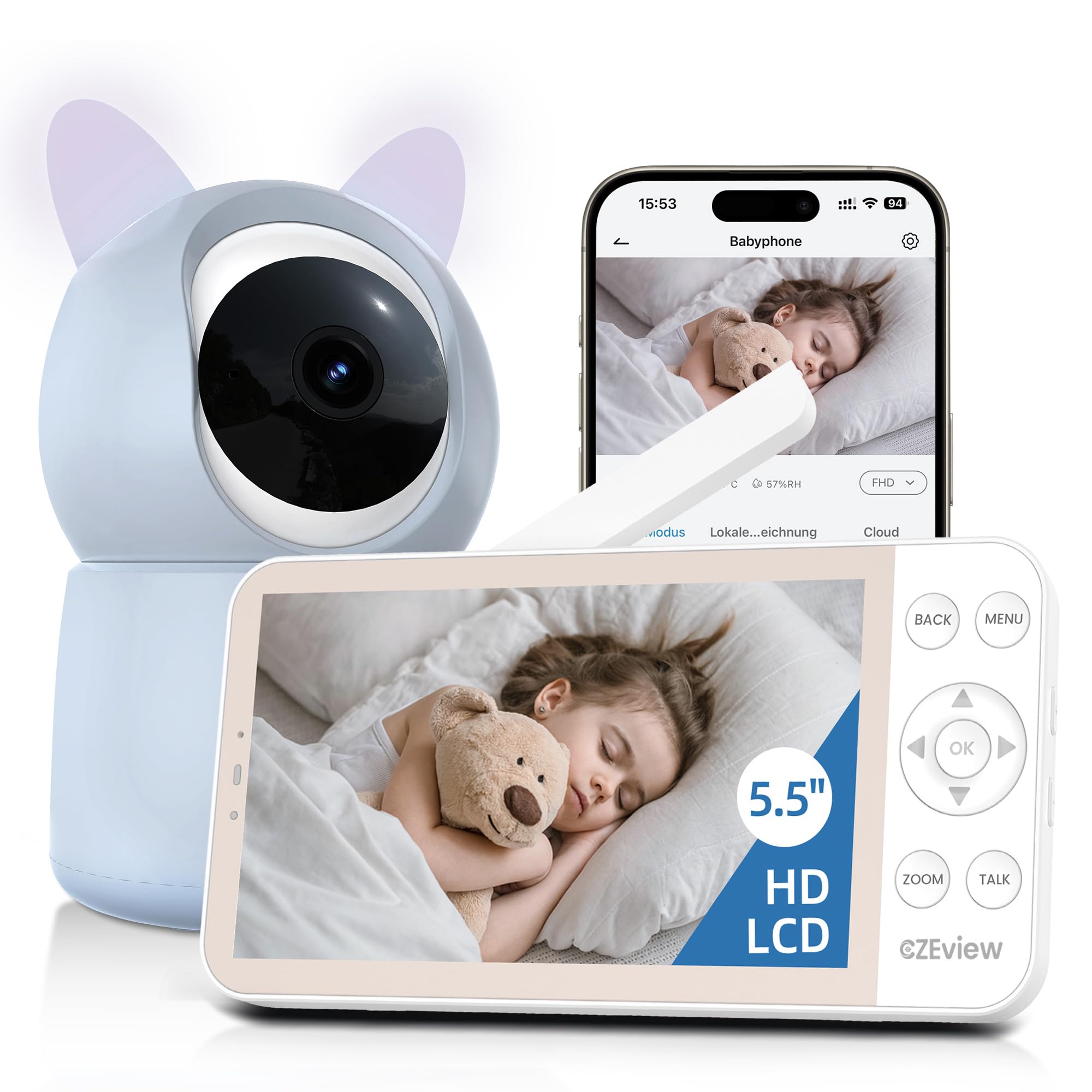 CZEview Babyphone mit Kamera 2.5K & 5.5-Zoll-HD-Großbildschirm, Nachtsicht, 360° WLAN Video Babyfon mit App, Musik & Buntes Nachtlicht, Intelligente Erkennung (Rosa mit 1 Kamera)
