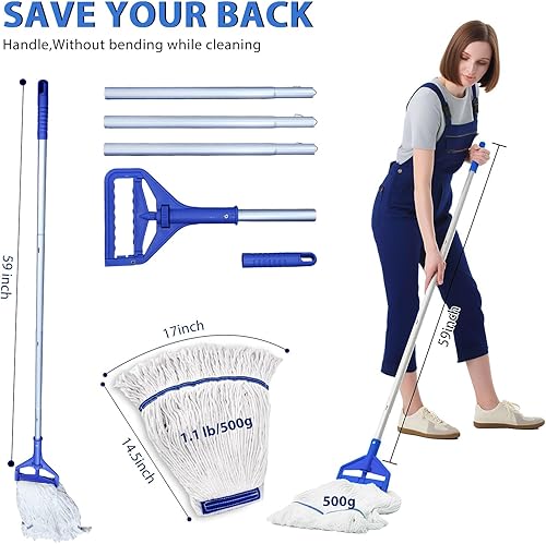 Miniatura 2 de Trapeador de cuerda de extremo de bucle resistente, trapeador industrial comercial con cabezales de repuesto adicionales, mango largo de 59 pulgadas