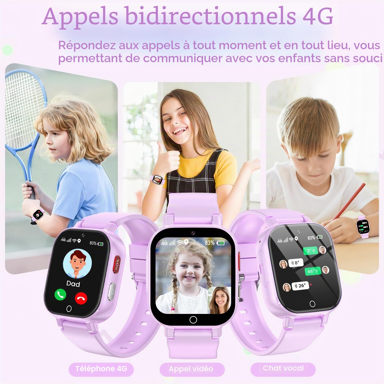 Montre Connectée Enfants GPS, 4G Smartwatch Téléphone pour Filles et Garçons avec Appel, Vidéo, SOS, Chat, Mode Classe Podomètre, Jeux, Réveil, Montre Intelligente Enfant 4 à 12 Cadeau (Violet)