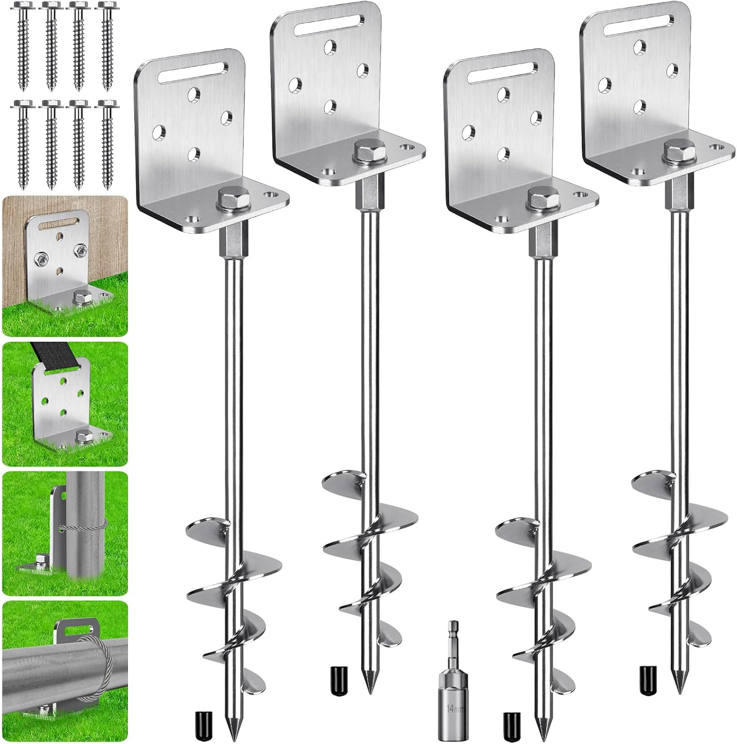 BeneLabel 2/4 Pack 18" 30" Ground Anchors Screw in Mobile Home Anchors Kits 2.8" Wide Tapered Spiral Trampoline Anchor Set with Bracket Swing Set Anchor for Playset, Tent, Shed, Fence, Swingset
