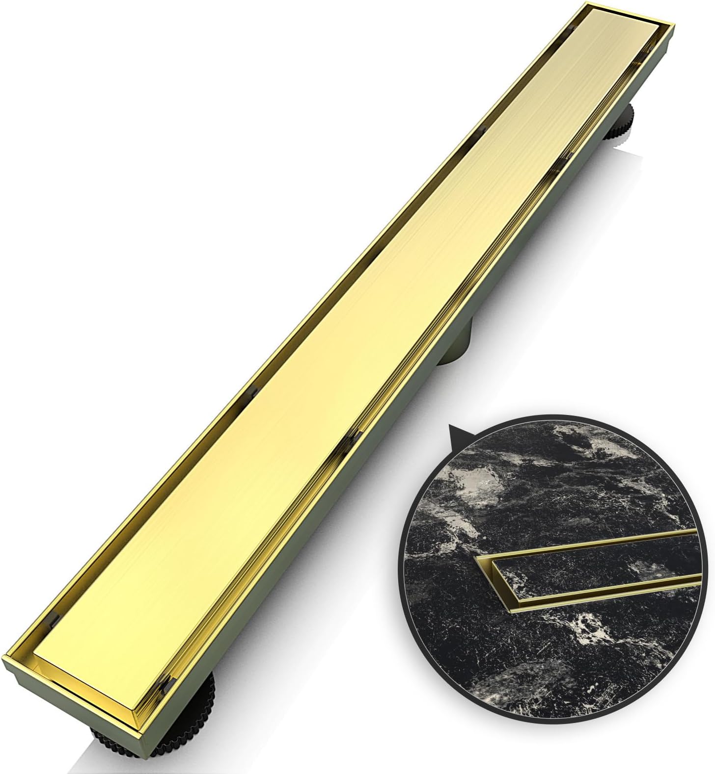 24 Inch Shower Linear Gold Drain Rectangular Floor Drain with Accessories Reversible 2-in-1 Cover Tile Insert Grate Removable SUS304 Stainless Steel CUPC Certified Brushed Gold Brass