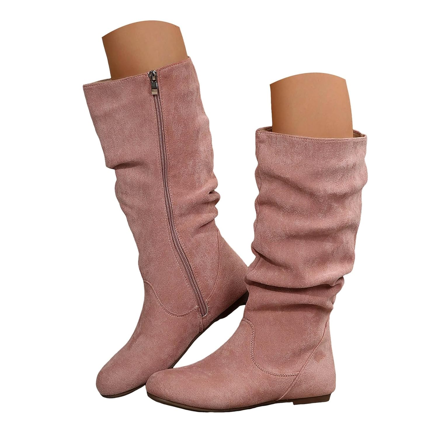 Women Suede Knee High Boots Slouch Ruched Wide Calf Platforms Leopard Print Chunky Block Heels Lug Sole Round
