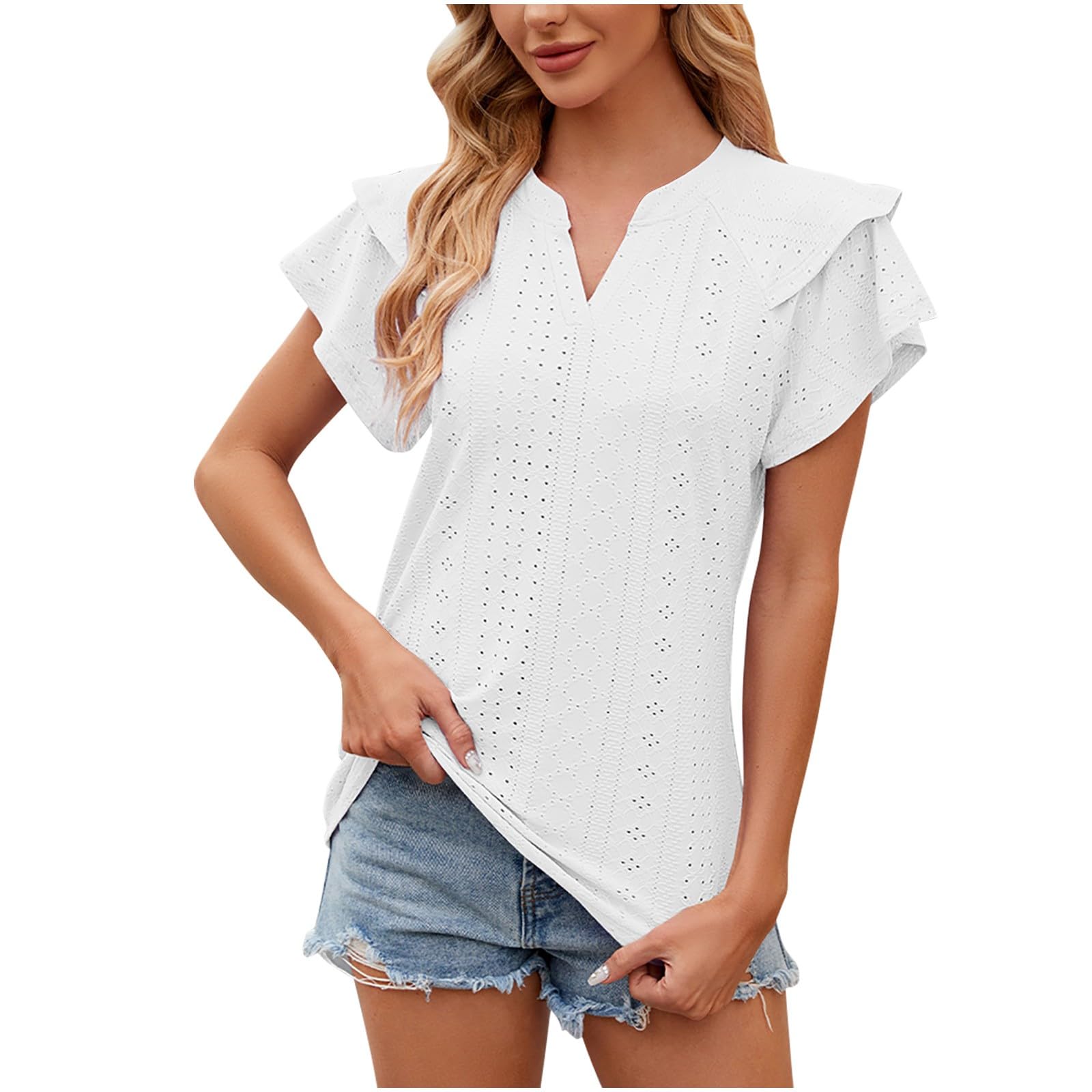 Lemoiitea Camisetas de moda para mujer, blusa casual de manga corta, color liso, cuello en V, elegante, manga con volantes, holgada, blusa de verano para exteriores