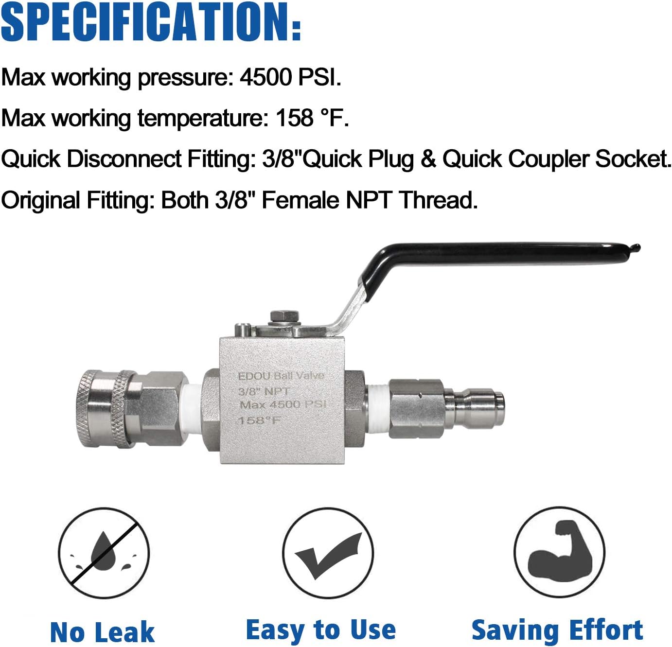 EDOU DIRECT Ball Valve for High Pressure Washer Hose Kit | 3/8" Male Plug X 3/8" Female Quick Connect | 4,500 PSI Max Working Pressure | Includes replacement Quick Connect and Teflon Tape