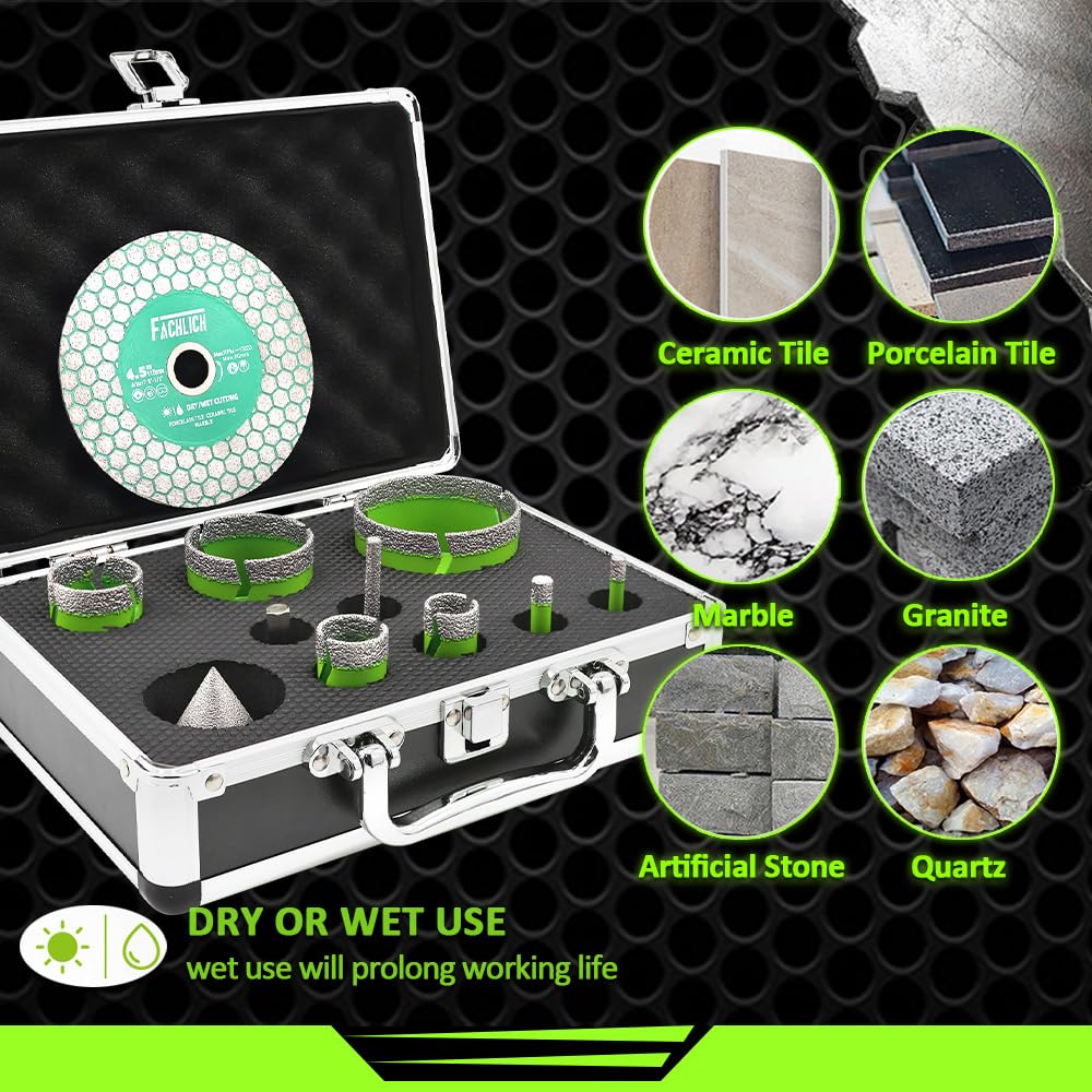 Punte Diamantate Gres Porcellanato - (6/8/20/25/35/50/68mm+6-25mm Fresa+50mm Punte Smusso+Adattatore)+115mm Disco Diamantate per Piastrelle Porcellana Piastrella Granito Marmo