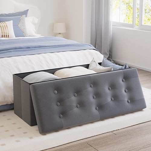 Miniatura 66 de PRANDOM Otomana con almacenamiento [1 unidad] Taburete cuadrado pequeño de terciopelo plegable con tapa para sala de estar, dormitorio, mesa de