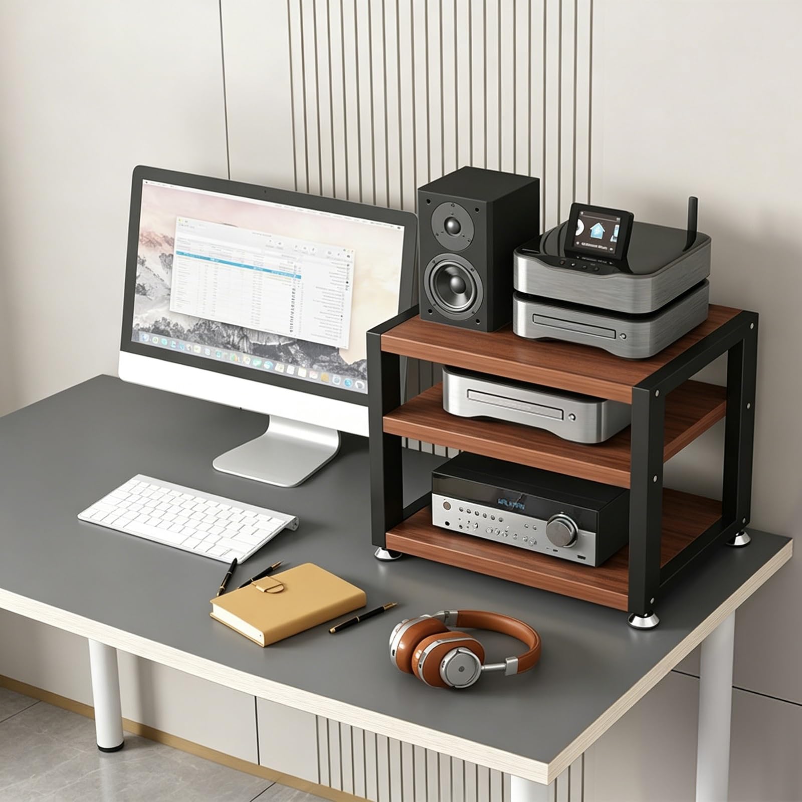 Scaffale HiFi in legno massello e acciaio inless o nd ripiano antivibrazione per amplificatore, lettore CD, altoparlante, scrivania per angolo domestico (rosso, 36 x 40 cm / 14x15.7in)