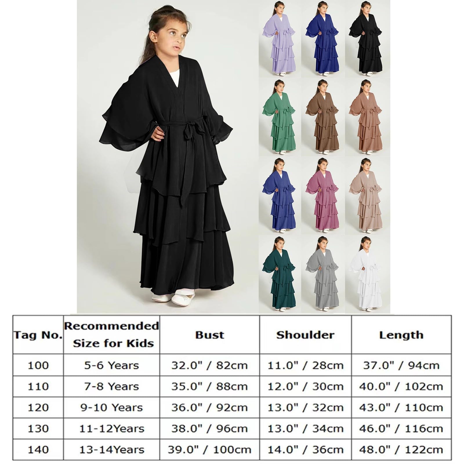 Vestido musulmán para niñas, cárdigan de gasa, elegante, casual, manga larga, Abaya, islámico, Ramadán, oración, fiesta, ropa cómoda y suave caftán