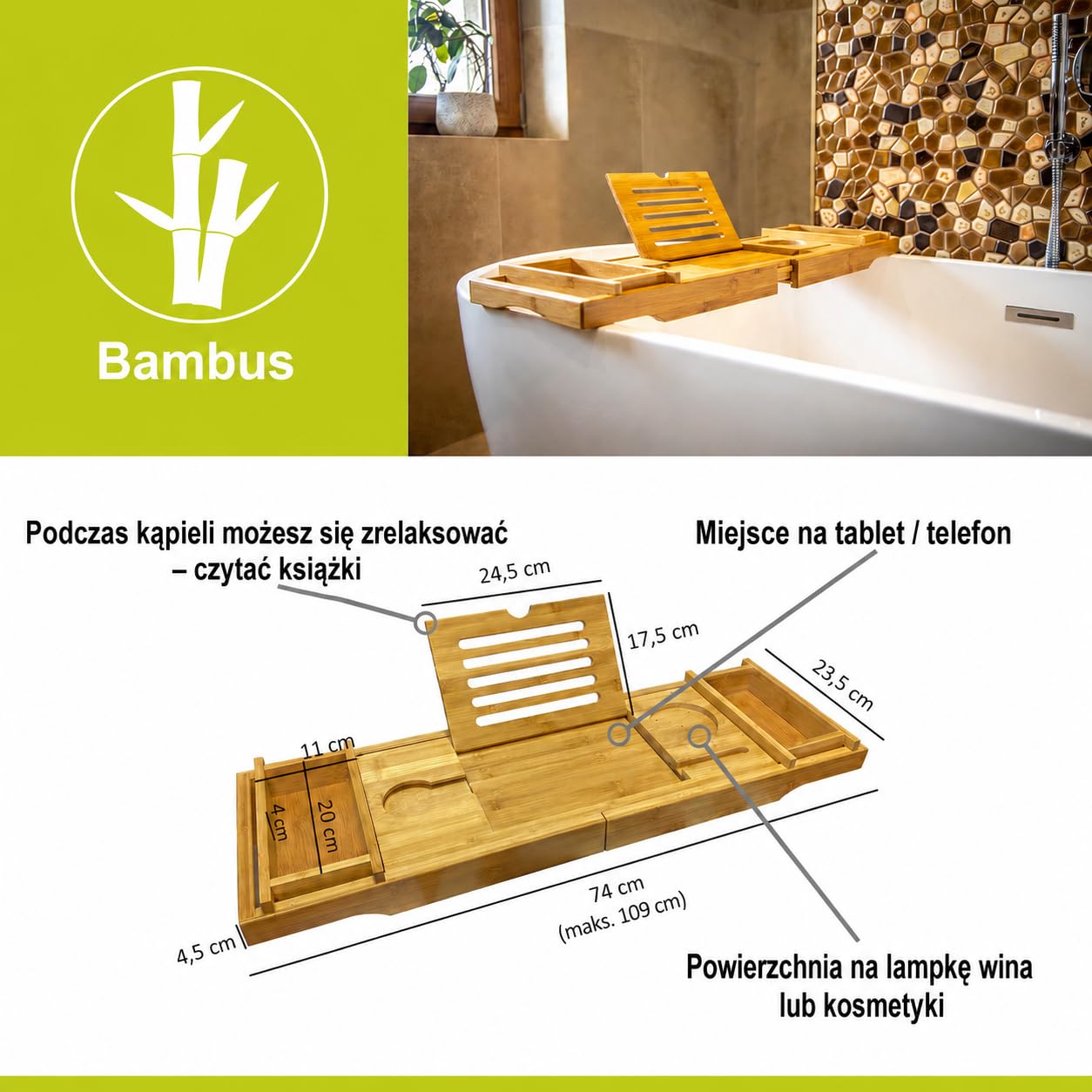 Wanna ECOLAM Tami 200x90 cm + fartuch + półka bambusowa | Nowoczesna, duża wanna dla dwóch osób | Prostokątna wanna akrylowa, najwyższa jakość | Armatura odpływowa, nóżki silikonowe, komplet, design