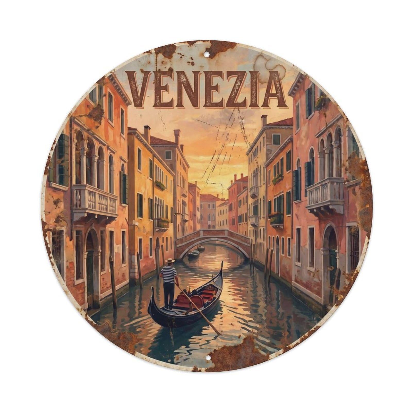 Italian Gondola Venice Canal Classic Waterway Travel Heritage Metal Tin Sign Plaque Wall Decor for Cafe, Man Cave, Club Bar, Office, Home Garden Round Metal Poster 8x8Inch