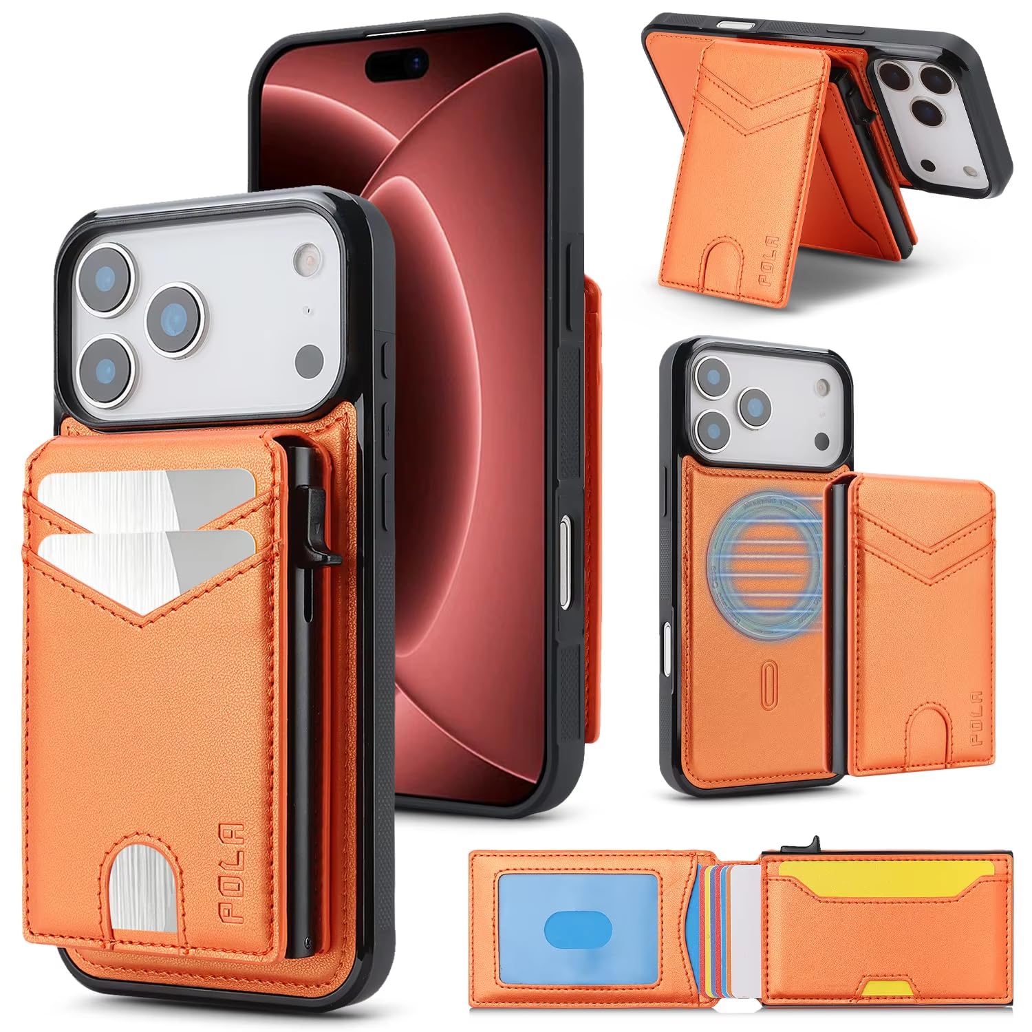 Funda para iPhone 15 2 en 1, Desmontable, con Compartimento magnético para Tarjetas, Cartera de Piel, Resistente a Golpes y protección RFID (para iPhone 15/Naranja).
