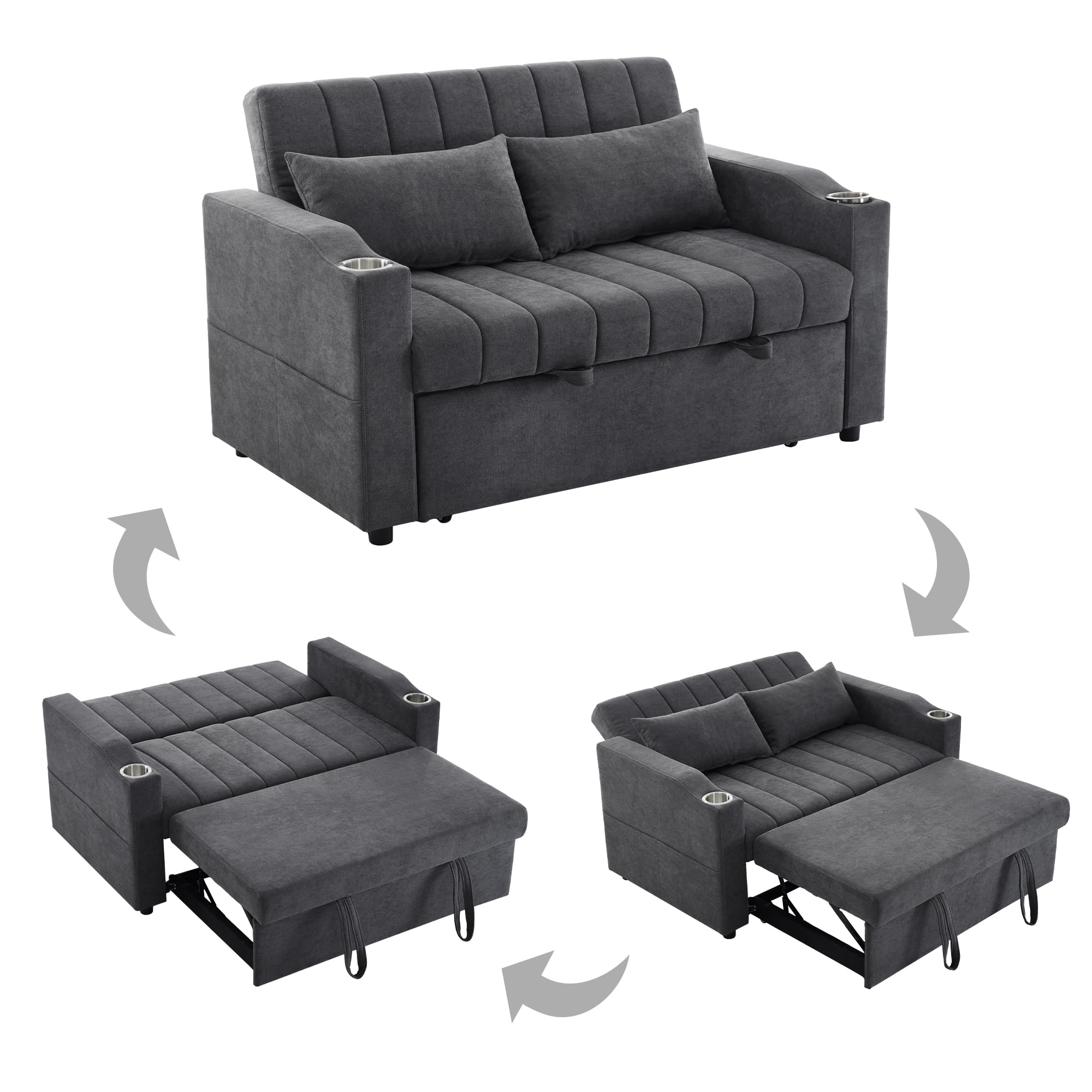 Velvet Folding Sofa Bed with Cup Holders Adjustable Back 2 Pillows and Armrest Storage 2-Seater Sofa Couch for Living Room Bedroom Small Spaces (Grey 3)