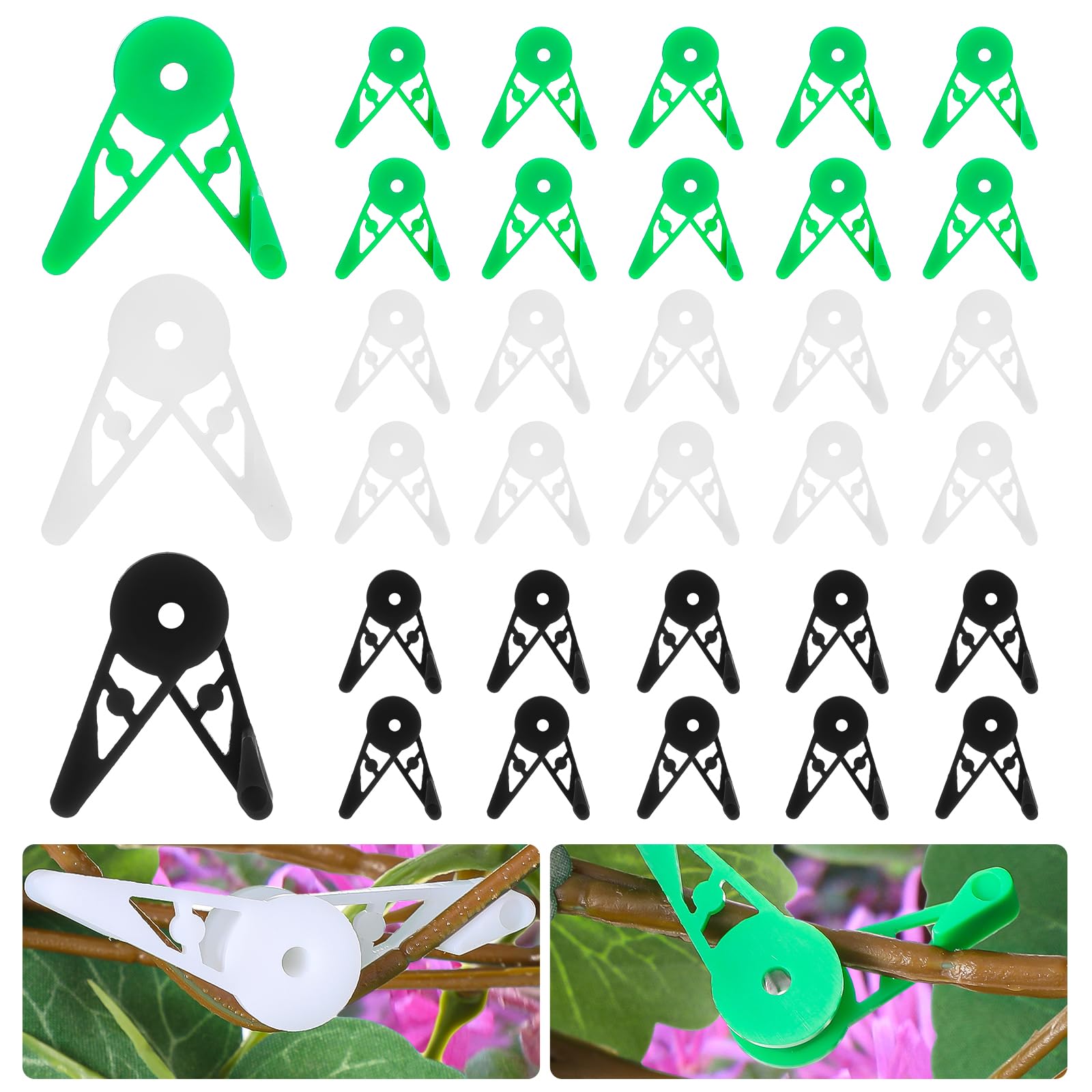 Xinjoduz 30 Pack 360 Degree Plant Bending Clips, Adjustable Plastic Garden Branch Bender Stem Trainer Reusable Training Clip for Low Stress Training, Black White and Green
