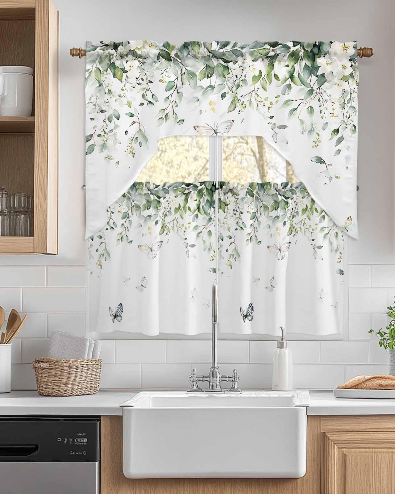 Sage Green Eucalyptus Leaf Kitchen Curtains Sets for Windows 3 Piece, Summer Floral Kitchen Curtains and Valances Tier Set 36 Inch Length Botanical Butterfly Swag Curtain for Living Bath Bed Room Cafe