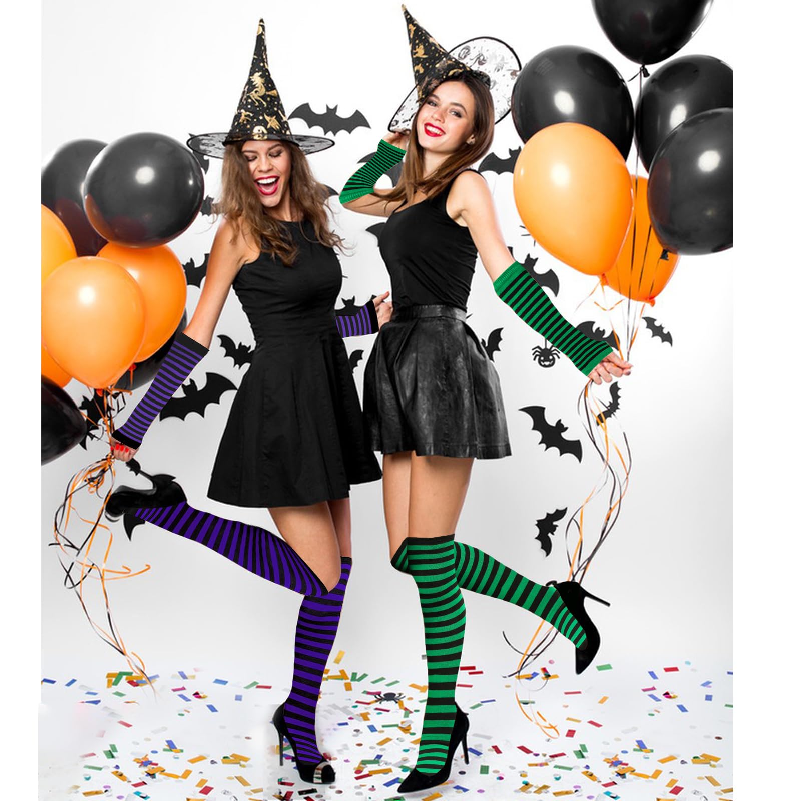 Ibeauti 8 Pcs Womens Striped Knee High Socks Stockings Y2K Goth Knitted Long Arm Warmer Fingerless Gloves Set: 4-green/Hot Pink/Orange/Purple