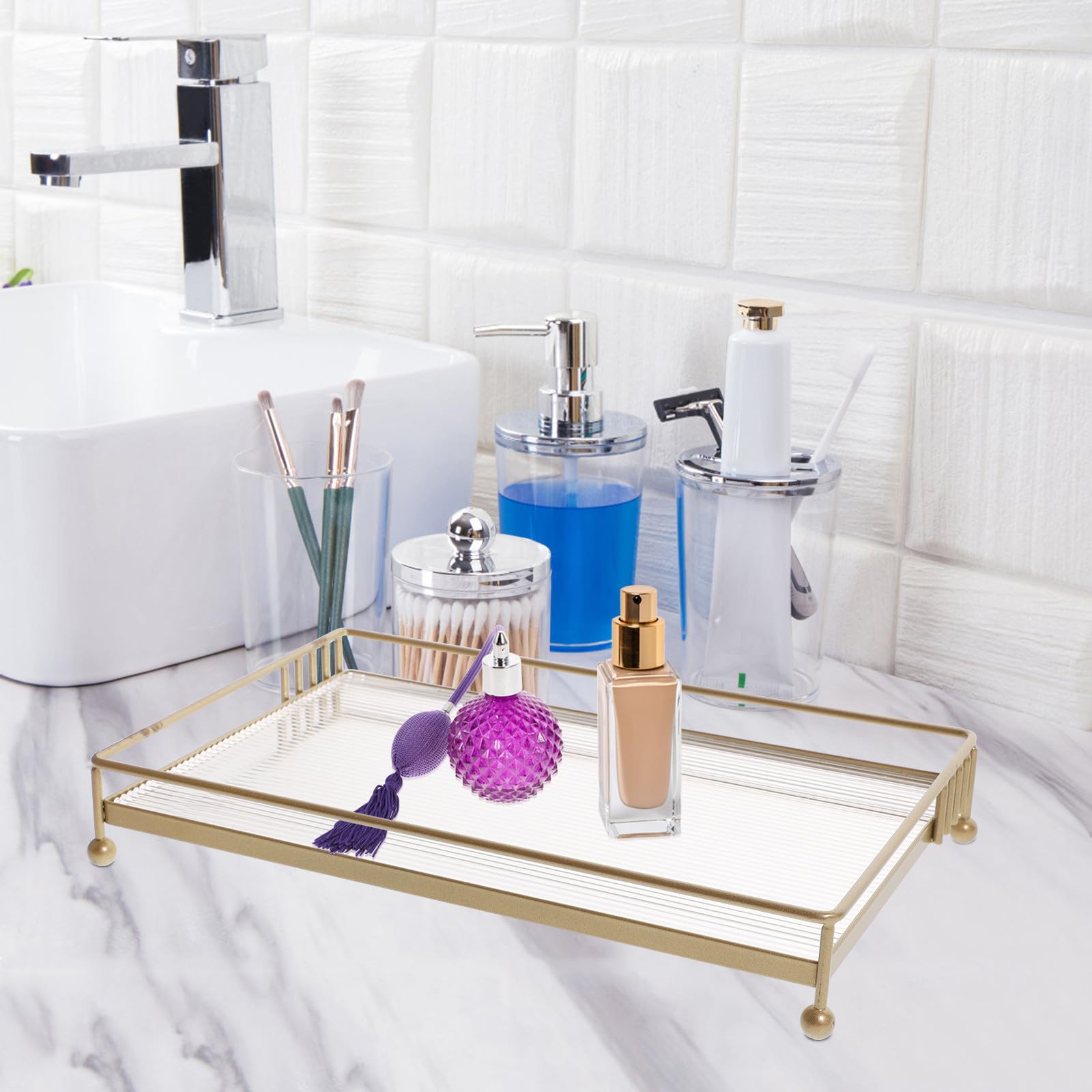TEHAUX bandejas Decorativas de mostrador Organizador de baño para encimera de baño y Cocina, Dorado, Acero al Carbono y acrílico, práctico y fácil de Instalar