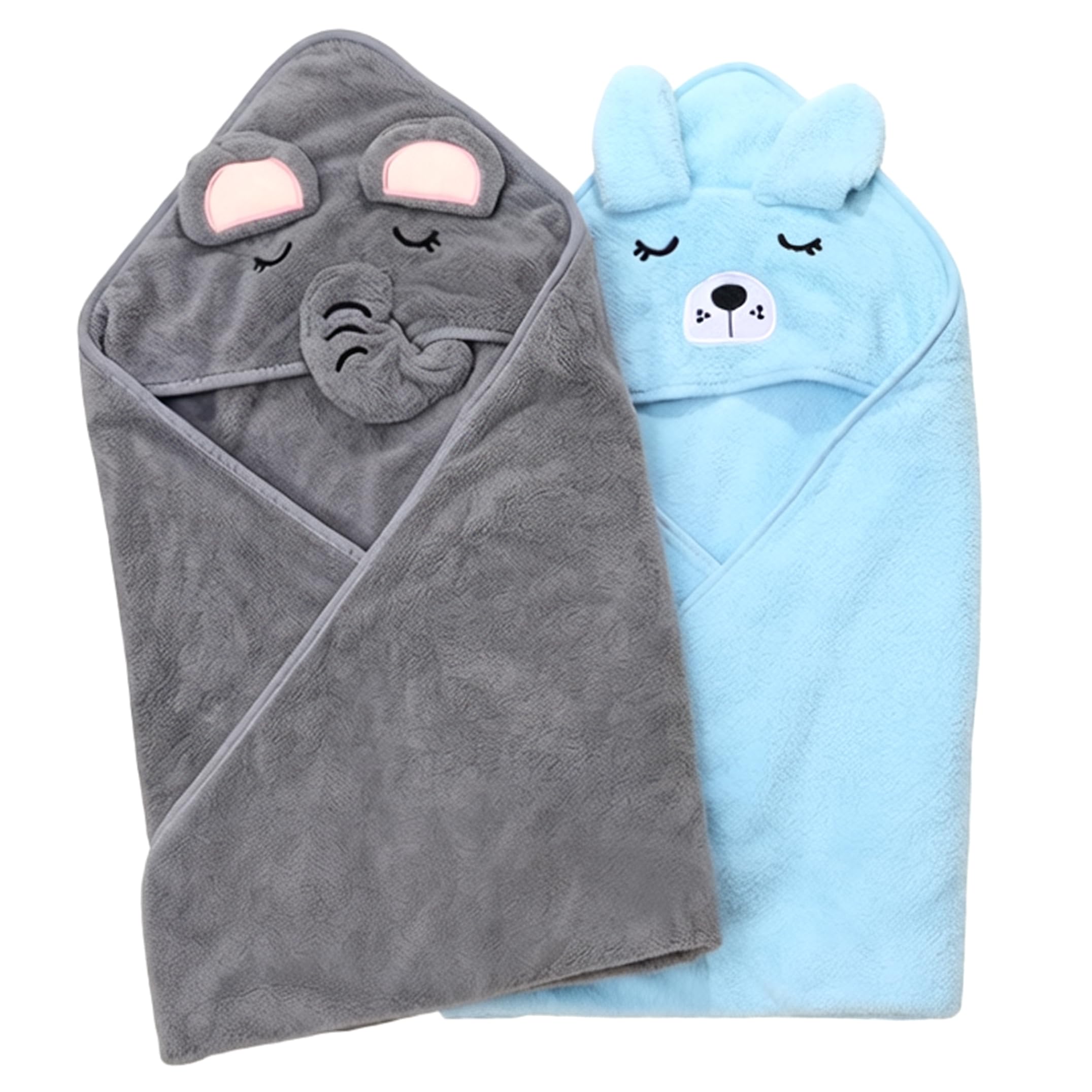 Serviette de bain bébé lot de 2 capuches animaux cape polaire corail bleu gris 80x80cm