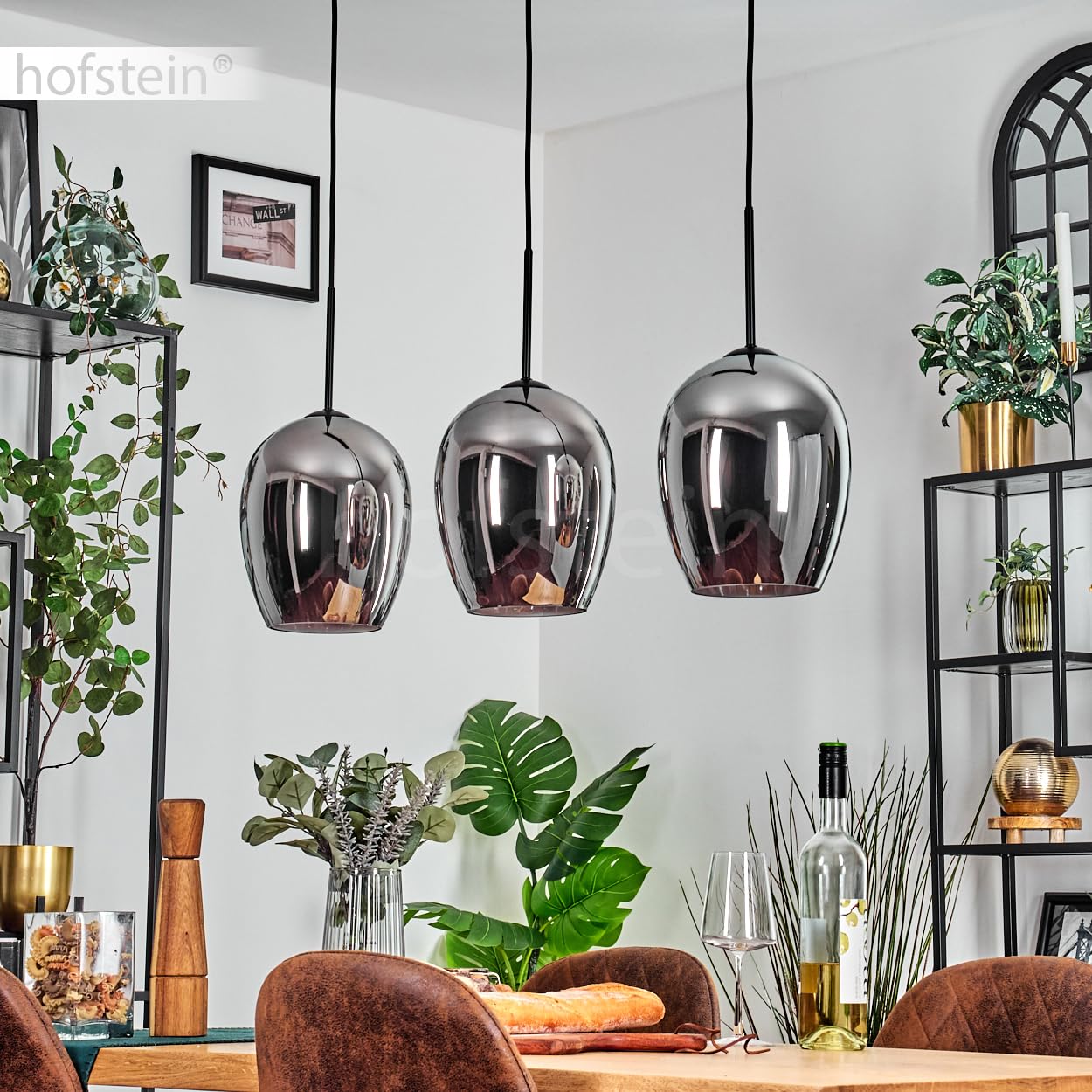 Pendelleuchte Vevino, Pendellampe aus Metall/Glas in Schwarz/Chromfarben, Leuchte im modernen Retro/Vintage-Design mit Schirmen aus Glas (Ø 20 cm), Höhe max. 132 cm, 3 x E27, ohne Leuchtmittel