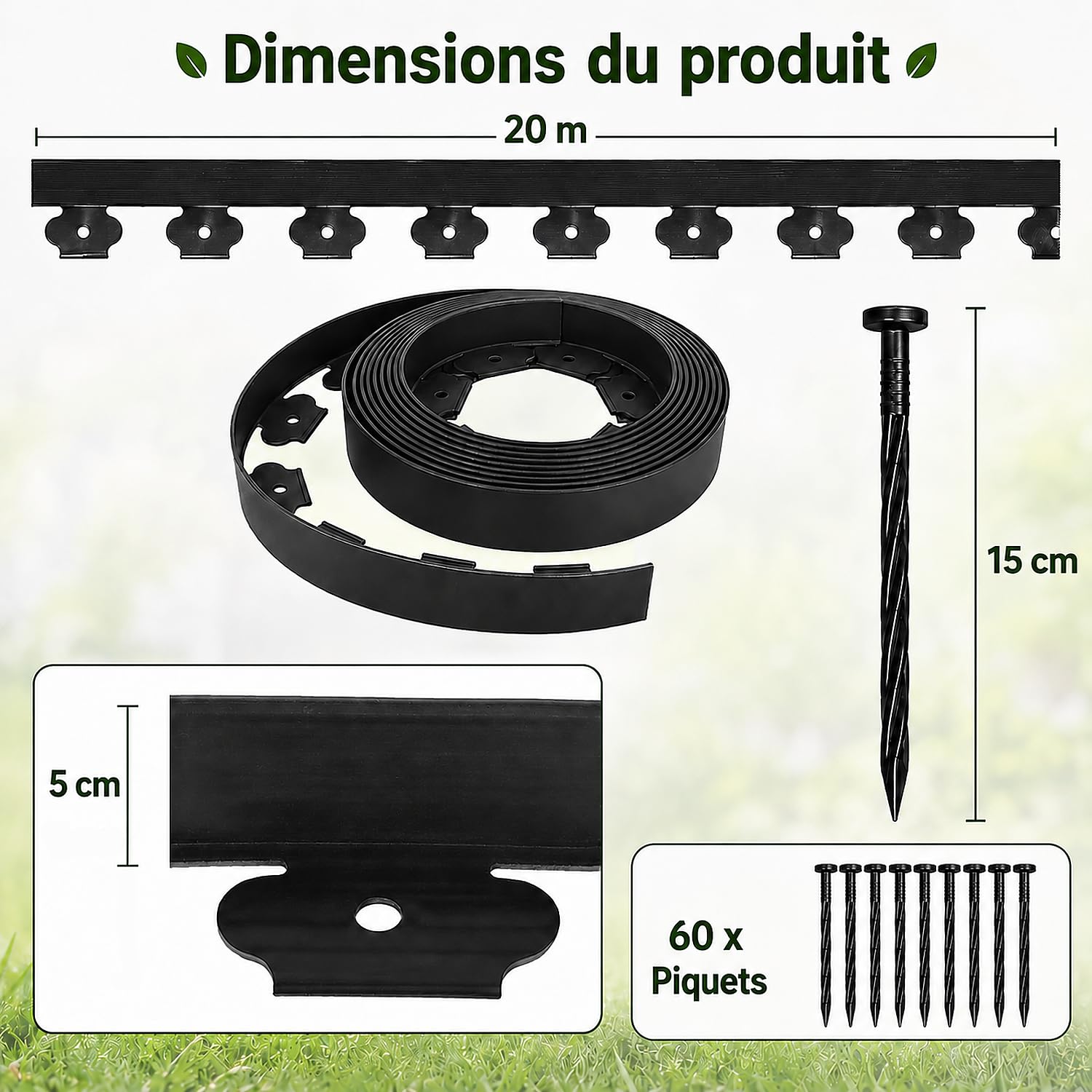 Bordure de Jardin 20 m x 5 cm, Bordure de Pelouse Flexible en PE avec 60 Piquets, Bordure à Planter sans Creuser, Découpable, pour Massifs, Allées, Gravier et Jardin