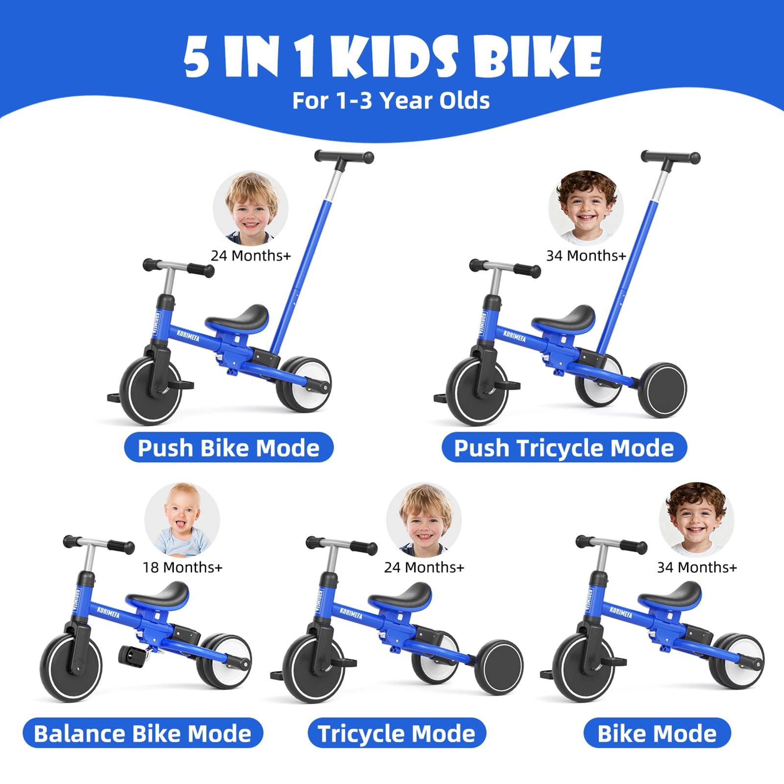 KORIMEFA Triciclo Bambini 1 anno con barra di spinta, triciclo per bambini 5 in 1 da 1 a 3 anni, sedile regolabile, pedali rimovibili, Bicicletta per Bimba e Bimbo (blu)