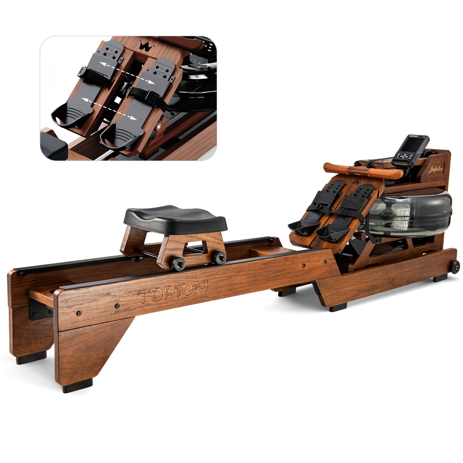 Water Rowing Machine for Home Use, Oak Wood Rower Machine with Dedicated Monitor & Bluetooth App, Upgraded Handle, Adjustable Footpad, Tablet Holder Water Rowing Machine