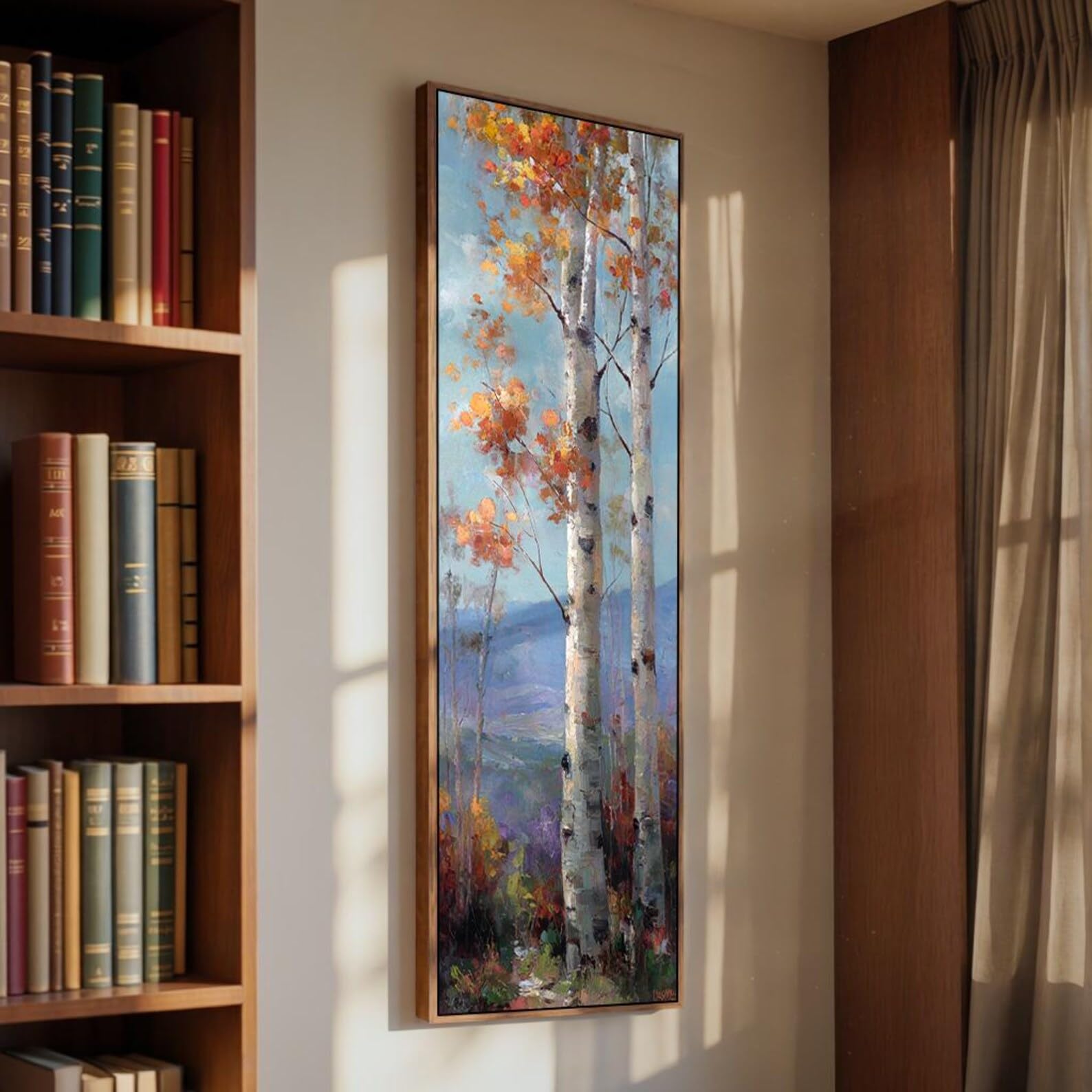 YUSUZHU Quadro minimalista con betulla su tela, dipinto di betulla, decorazione naturalistica per la foresta, quadro da parete alto e sottile, stampe su tela verticali (20x60 cm/cornice interna)