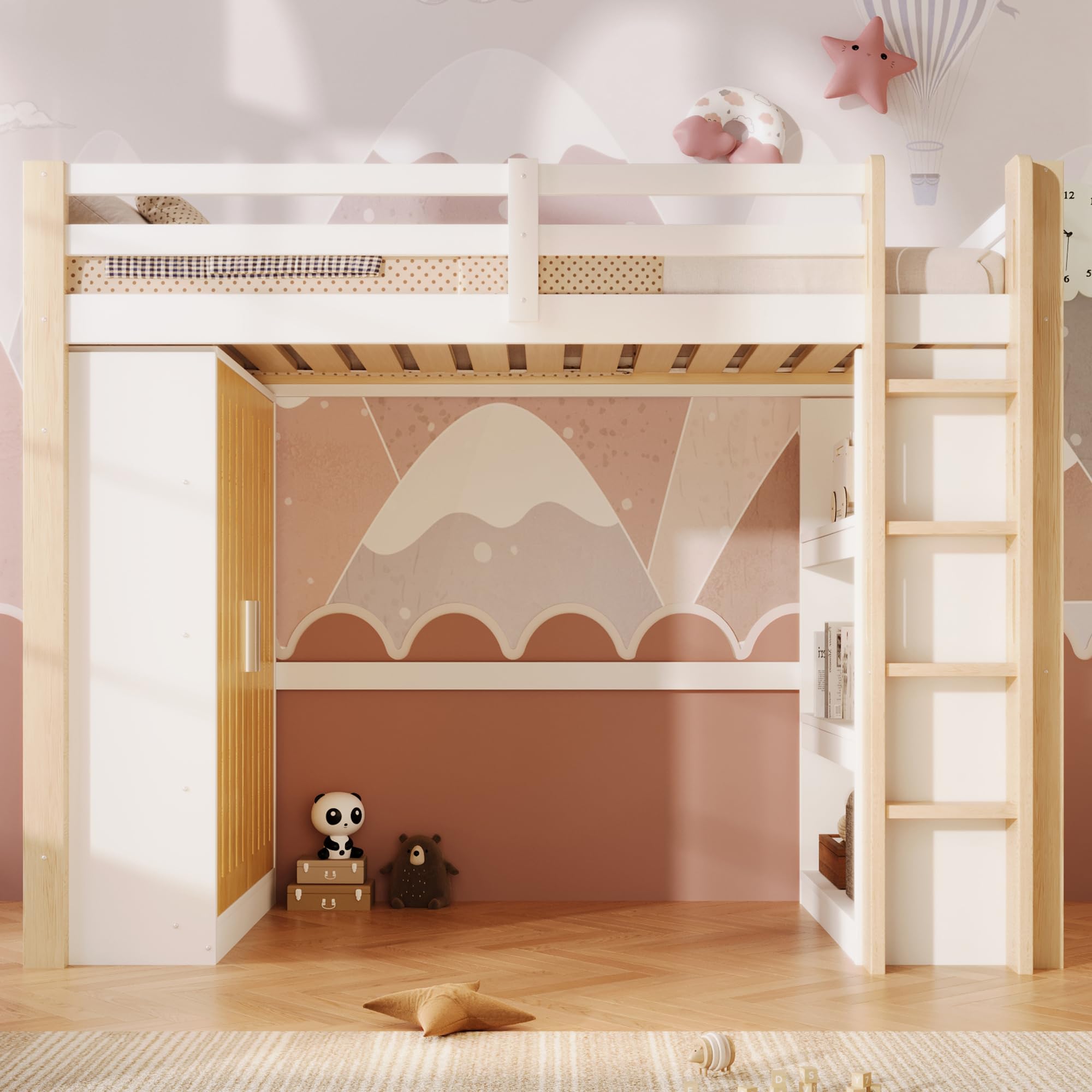 Moimhear Cama alta, 90 x 200 cm, con luces LED, armario, estantería, sin colchón, color blanco y natural