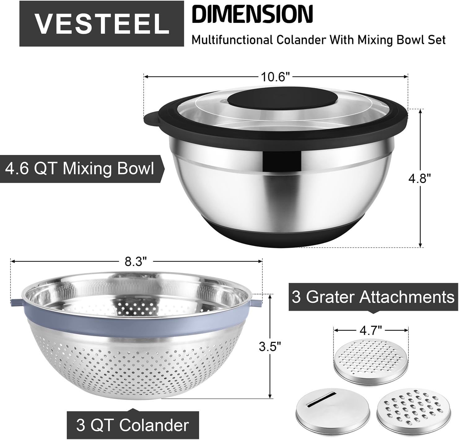 Vesteel Colander with Mixing Bowl Set, 4 in 1 Stainless Steel Food Strainer with Airtight Visible Lid and 3 Graters, Multifunctional Kitchen Prep Bowls for Washing/Draining/Mixing/Grating - Black