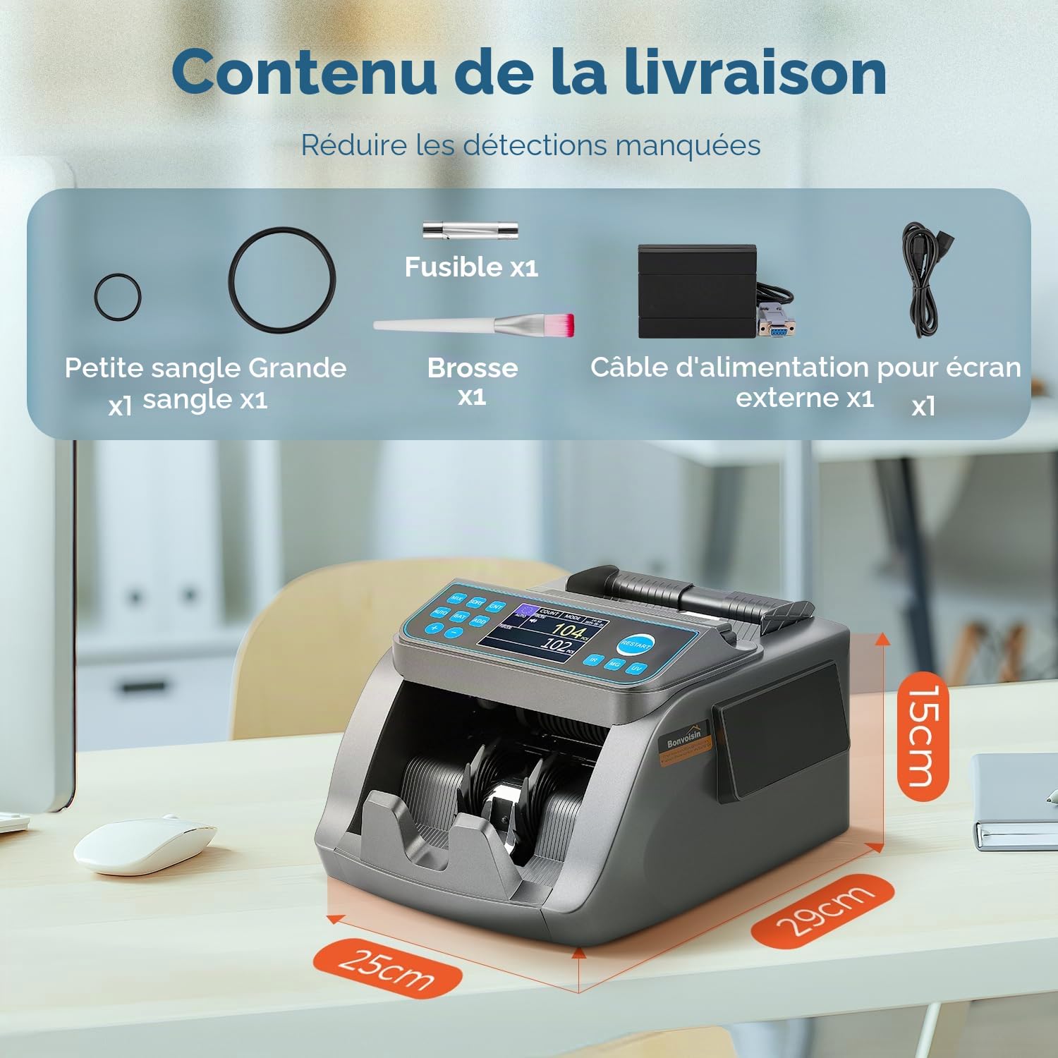 Bonvoisin Compteuse de Billets Professionnelle, Comptage de Valeurs pour Coupures Mixtes en EUR, Machine à Compter les Billets avec Détection des Contrefaçons UV/MG/IR/MT/DD, 1000 Billets/Min (EU)