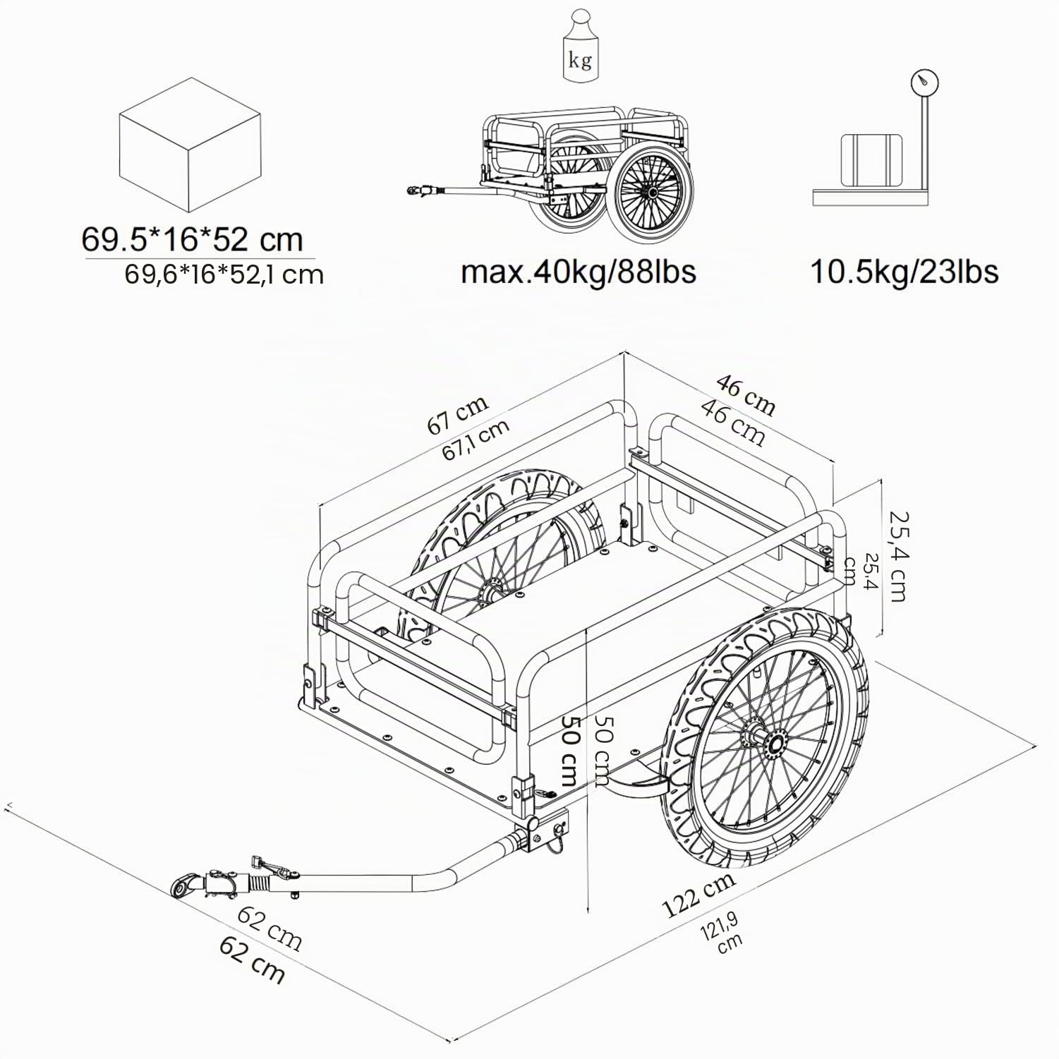 Tiggo Remorque de velo pliable - Surface de charge : 67 x 46 x 25 cm - env. 70 l / 2 boites a boissons, poids de charge : 40 kg