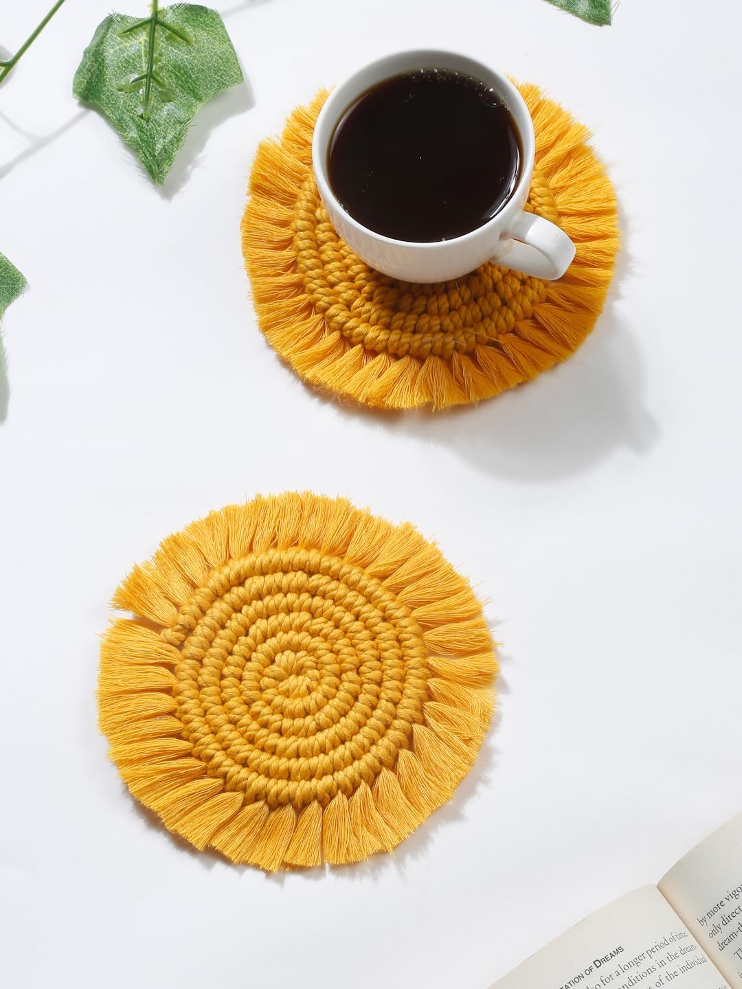 My Creative Hut Macrame Round Coasters Bohemian Style, Handmade, More Absorbent, Traditional, Diwali Gifting, Multipurpose, Big Size (Yellow, Set of 2)