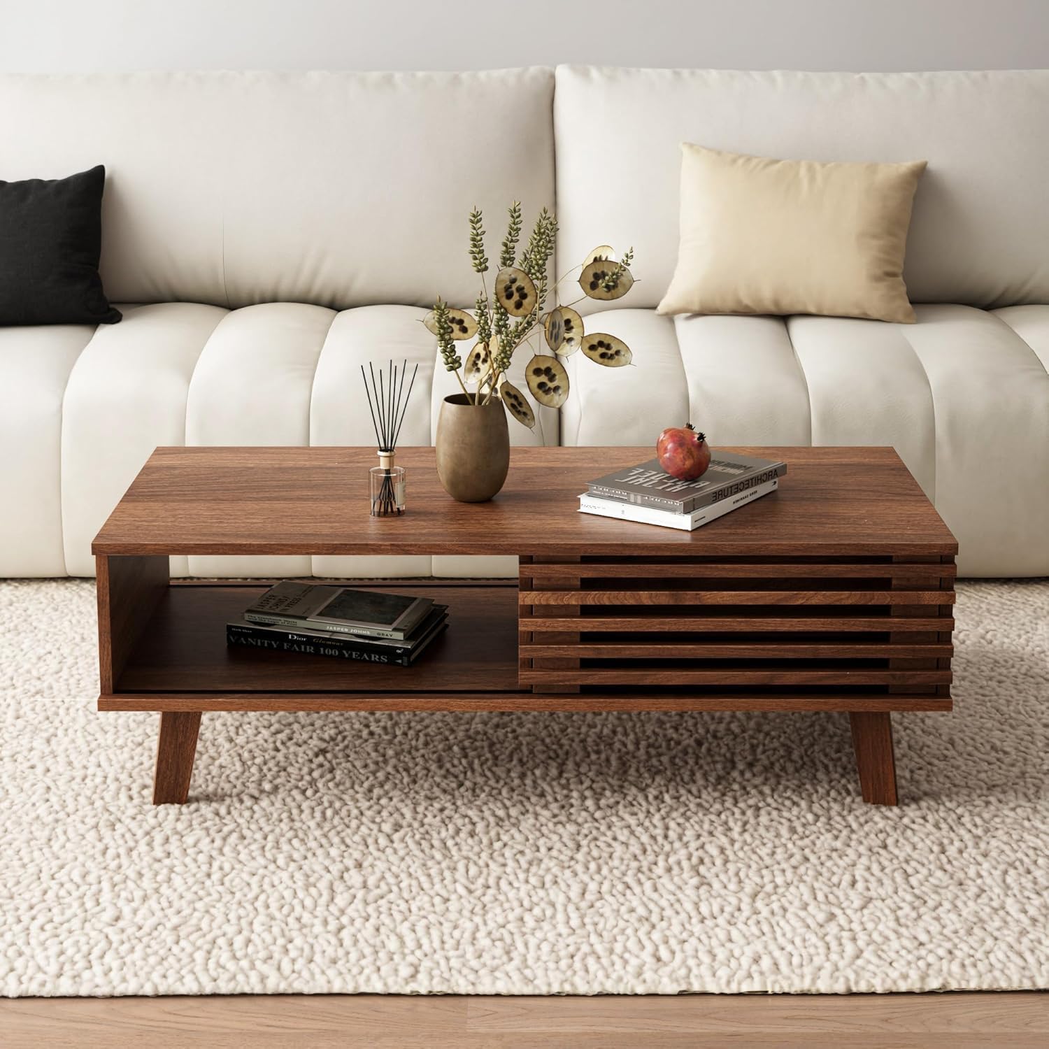 MAISONARIA Living Room Table Sets of 2, Mid Century Coffee Table & Dresser TV Stand, Sliding Door Coffee Table with Storage, Modern TV Stand for Bedroom, Living Room (Walnut)
