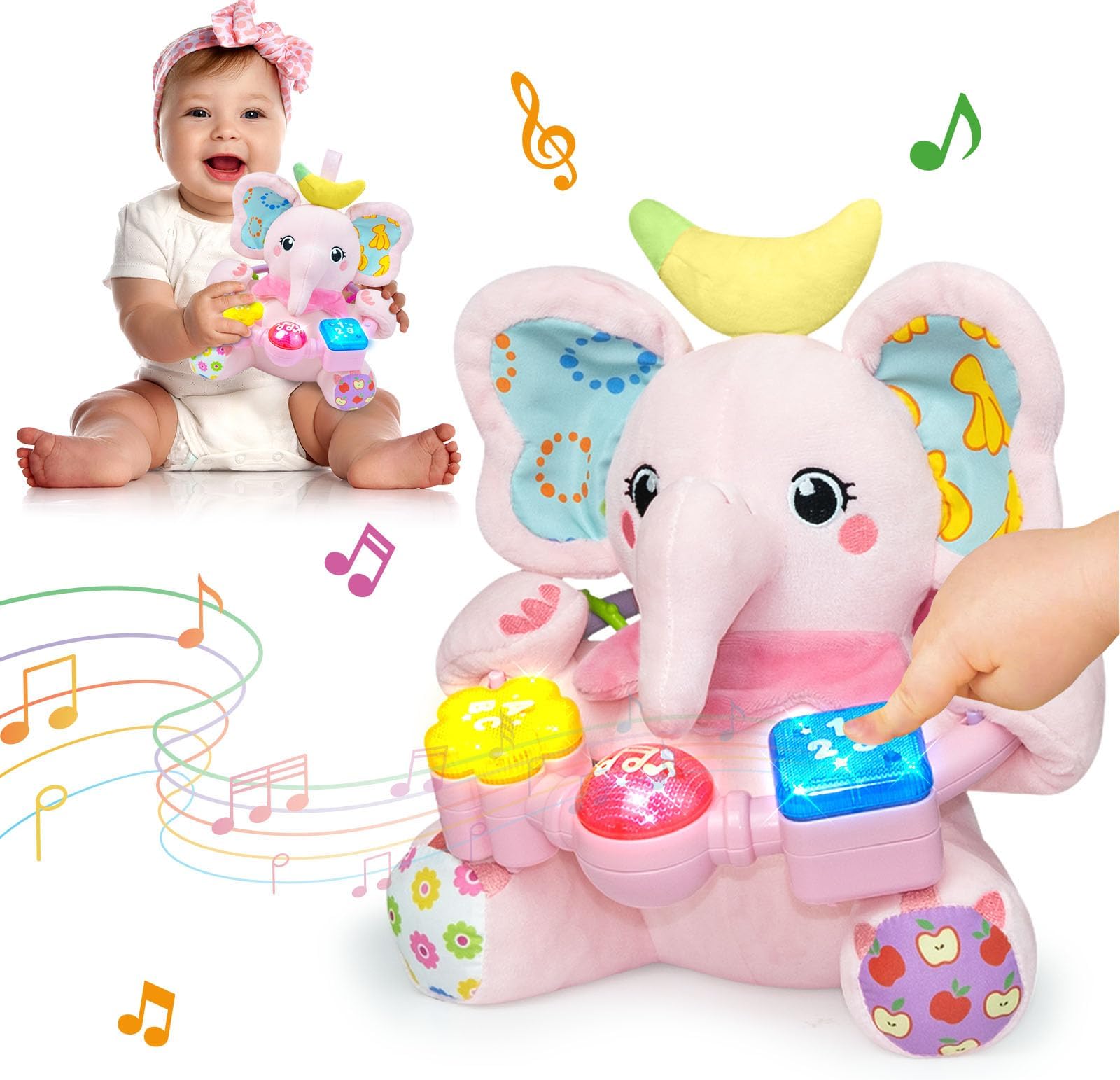 Ryotagift Baby Bilingual Musical Elephant Stuffed Animals Toys, Infant Early Learning Toy with Light-Up Music & Crinkle, Tummy Time Toys for 0 3 6 9 12+ Months for Baby Boy Girl Gift, Pink