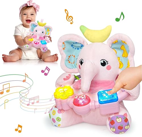 Juguetes de peluche de elefante musical bilingüe para bebé, juguete de aprendizaje temprano con música iluminada y arrugado, juguetes para el tiempo